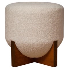 Bancs et poufs en bois et bouclé blanc du milieu du siècle, 1990