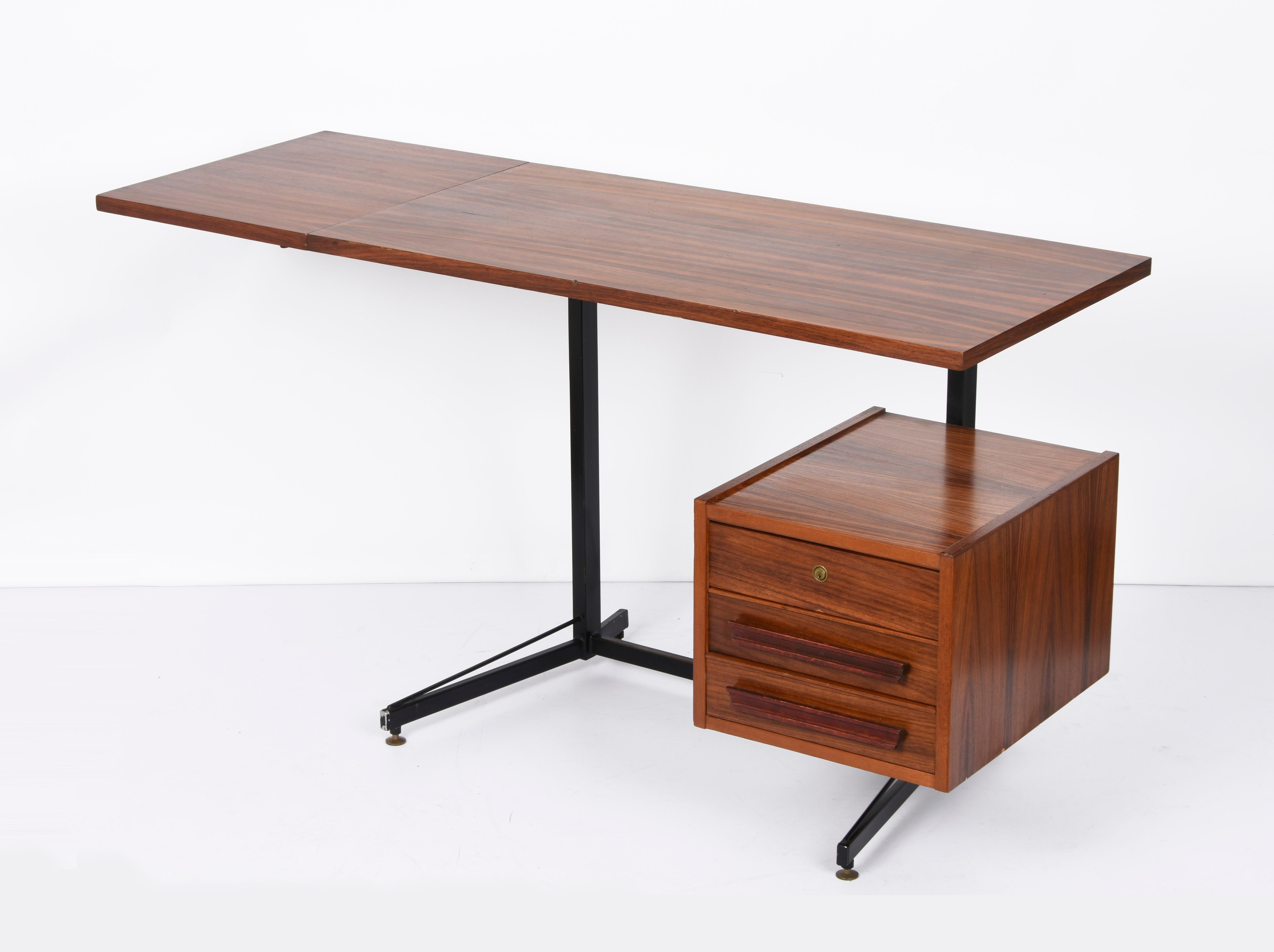 Midcentury Wood, Black Metal and Brass Italian Folding Desk with Drawers, 1960s For Sale 4