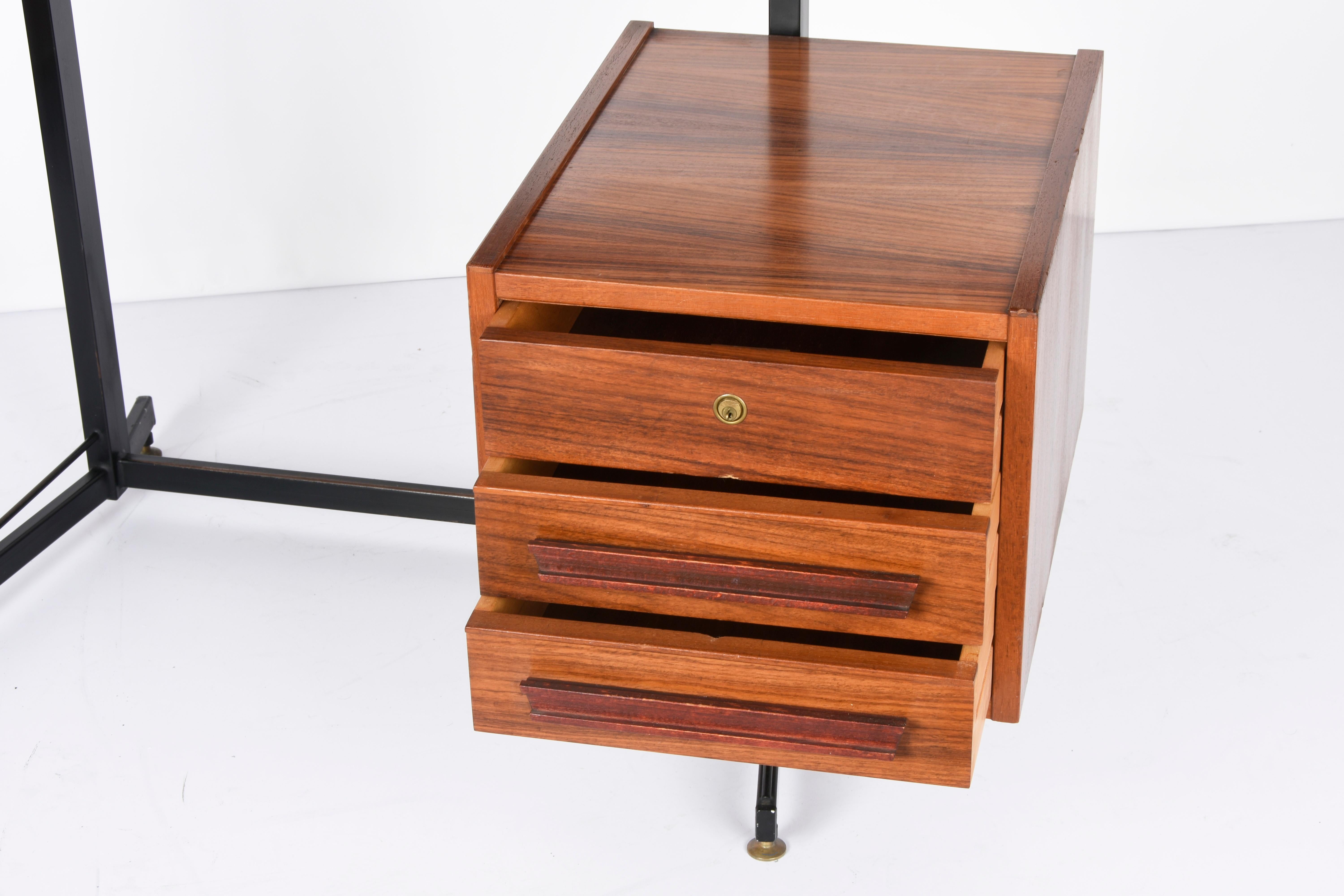 Midcentury Wood, Black Metal and Brass Italian Folding Desk with Drawers, 1960s For Sale 5