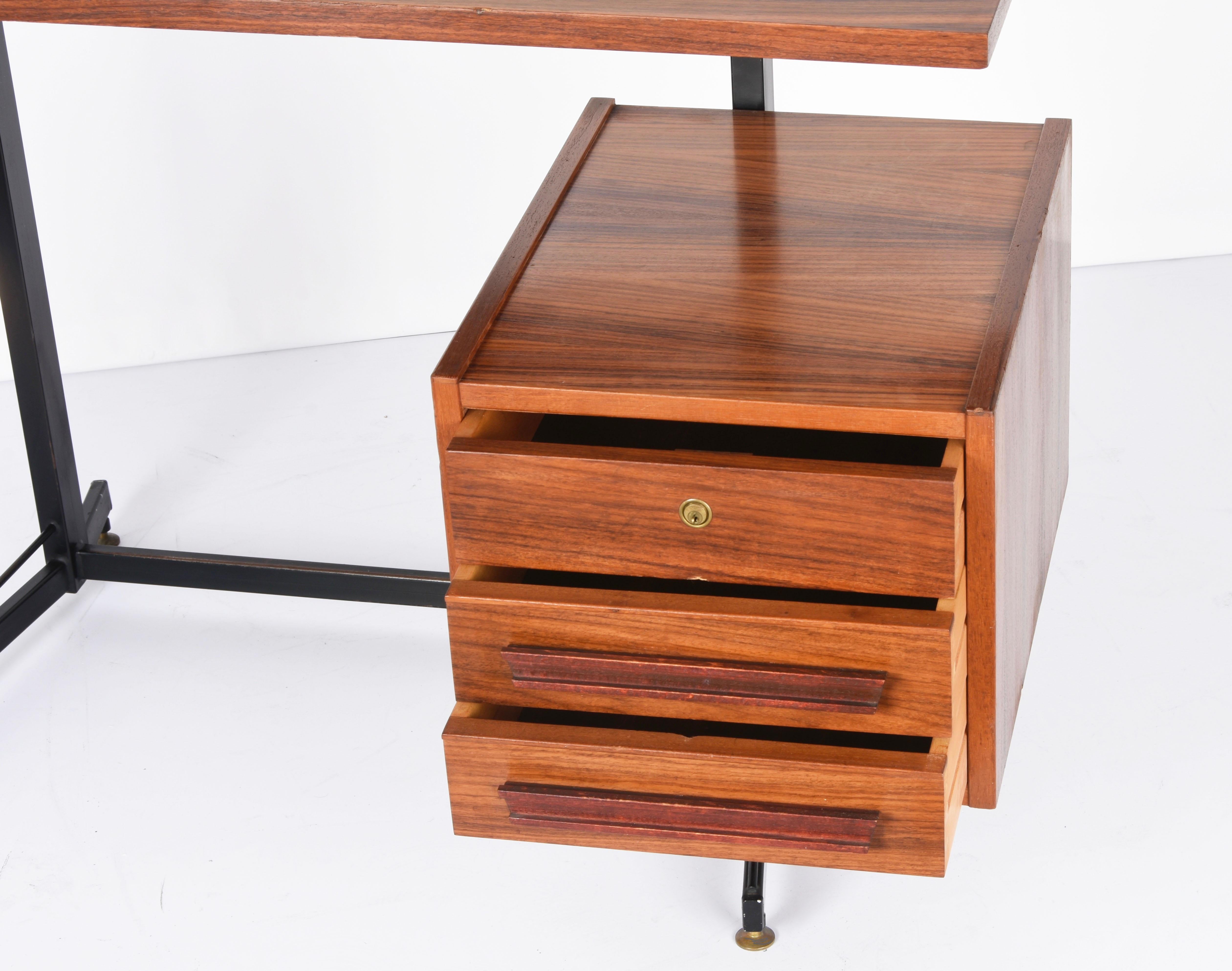 Midcentury Wood, Black Metal and Brass Italian Folding Desk with Drawers, 1960s For Sale 7