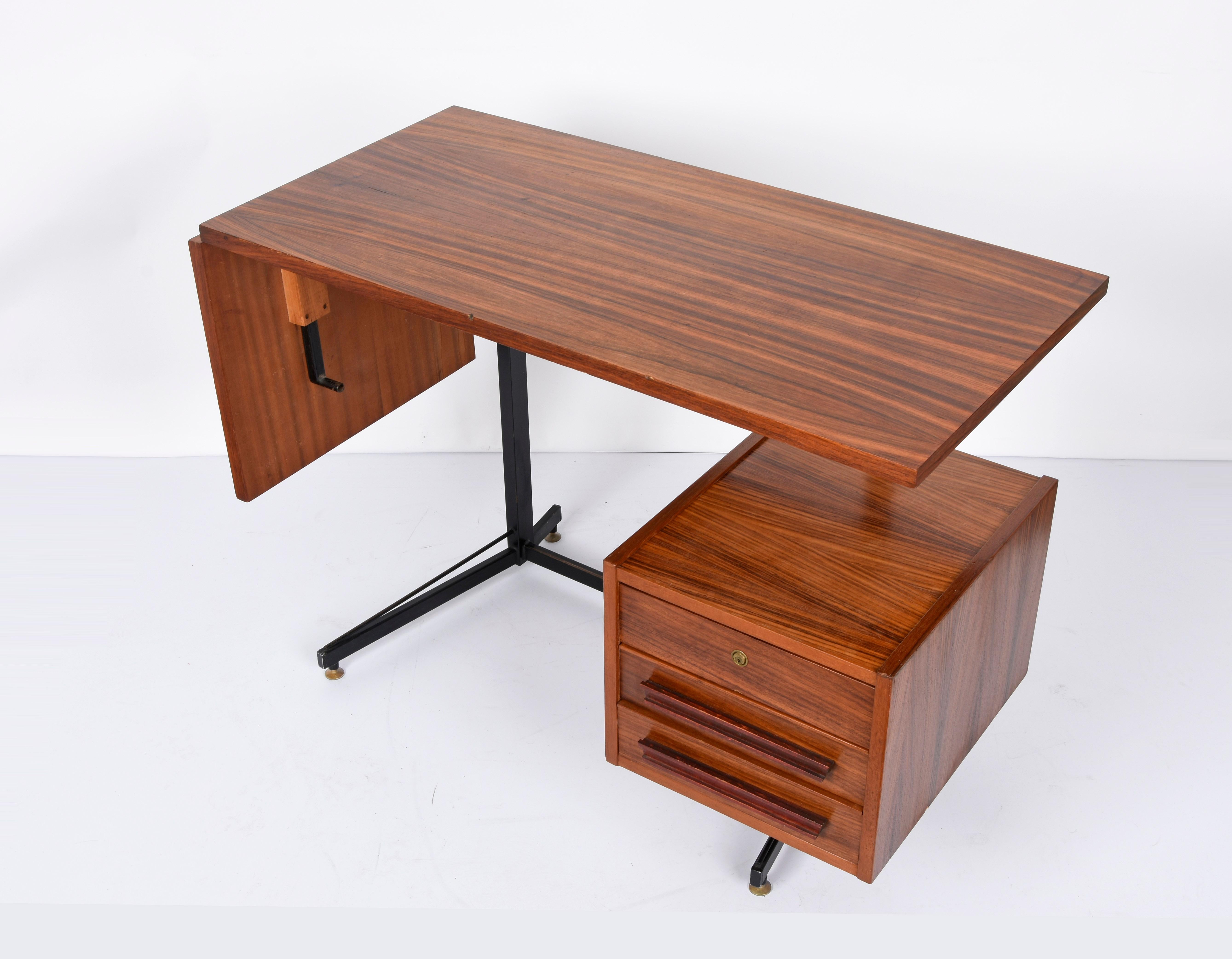 Mid-Century Modern Midcentury Wood, Black Metal and Brass Italian Folding Desk with Drawers, 1960s For Sale