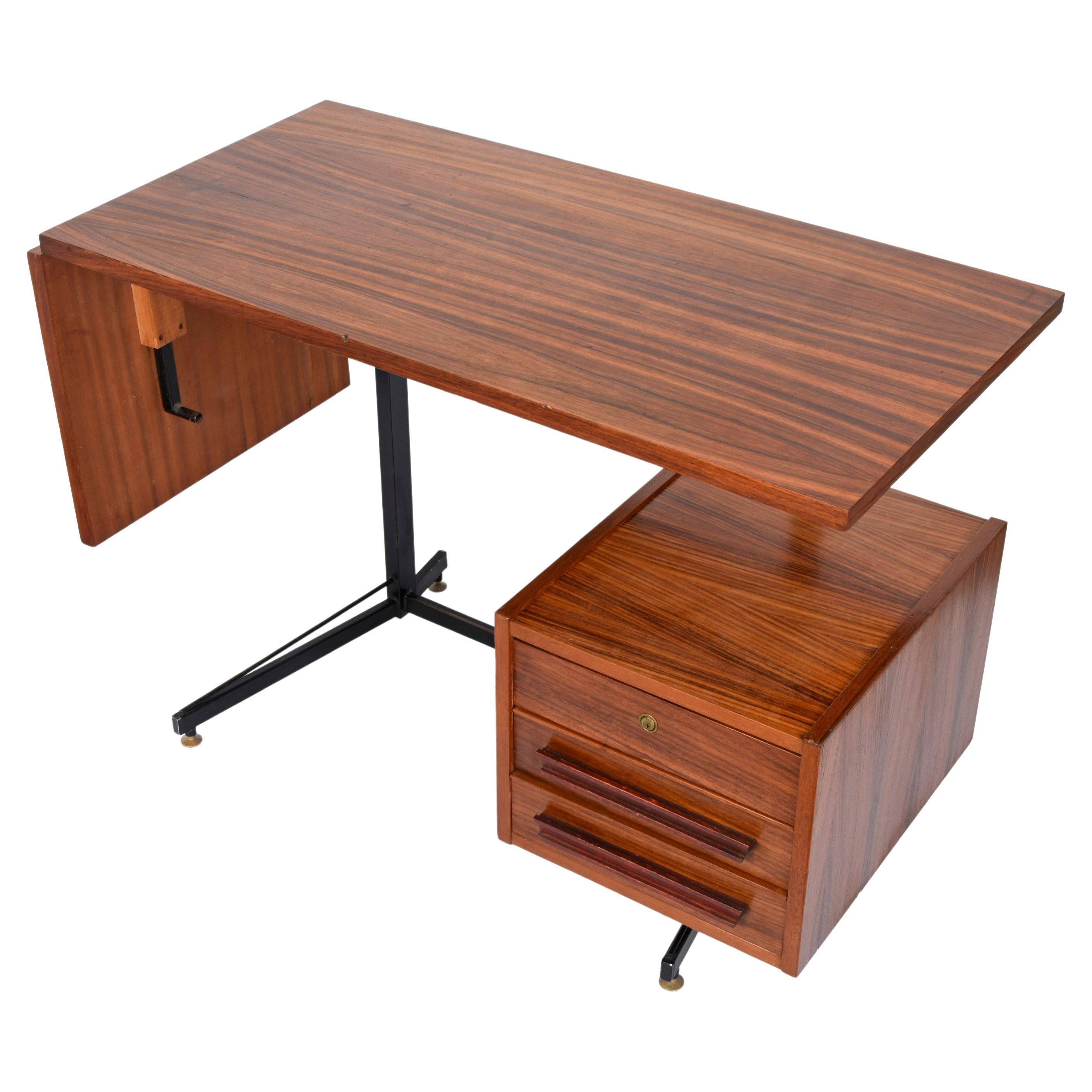 Midcentury Wood, Black Metal and Brass Italian Folding Desk with Drawers, 1960s For Sale 1