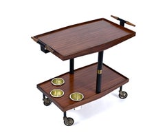 Midcentury Wood Brass and Enameled Metal Serving Bar Cart and Bottle Holder 1960