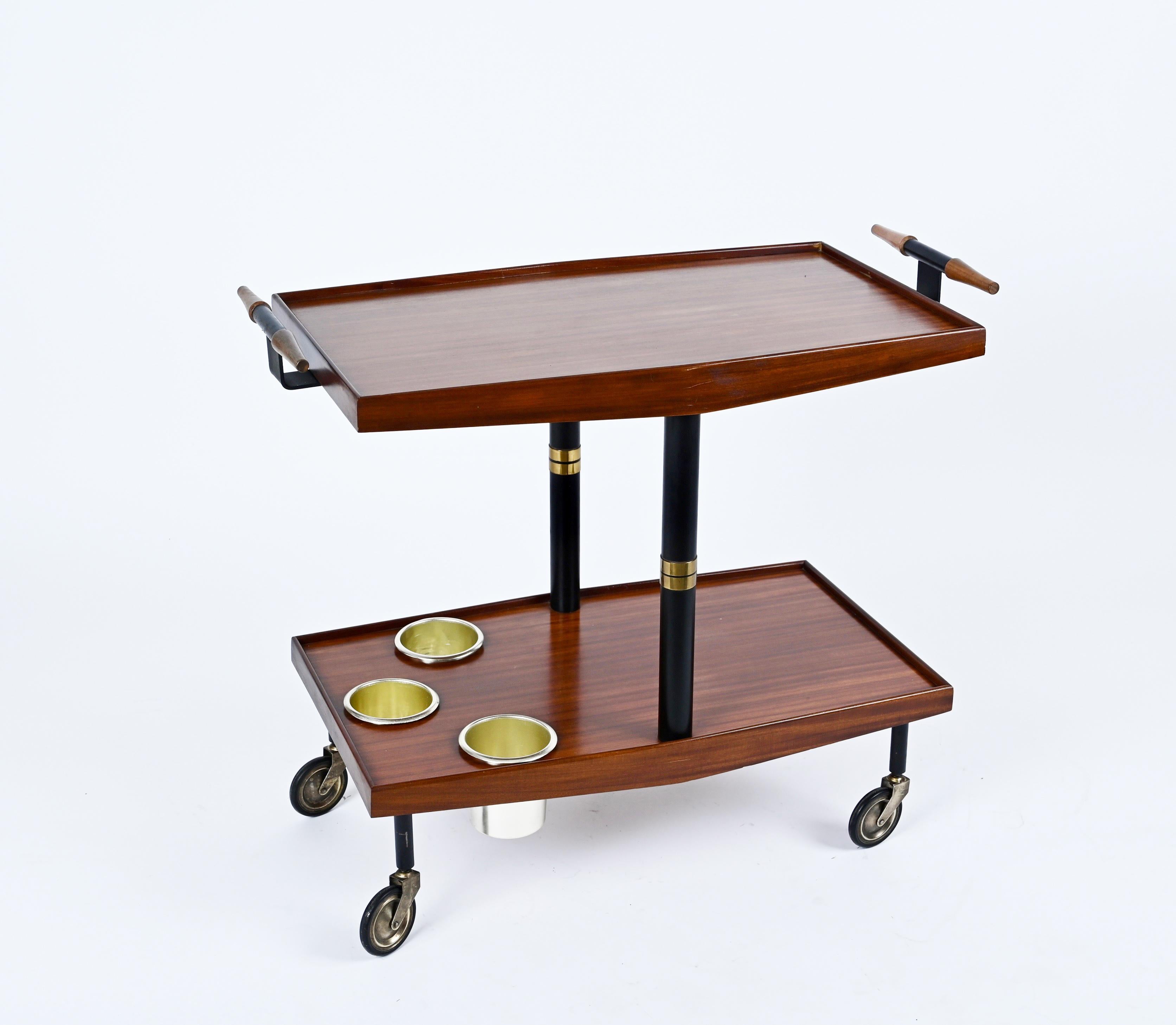 Mid-Century Modern Midcentury Wood Brass and Enameled Metal Serving Bar Cart and Bottle Holder 1960 For Sale