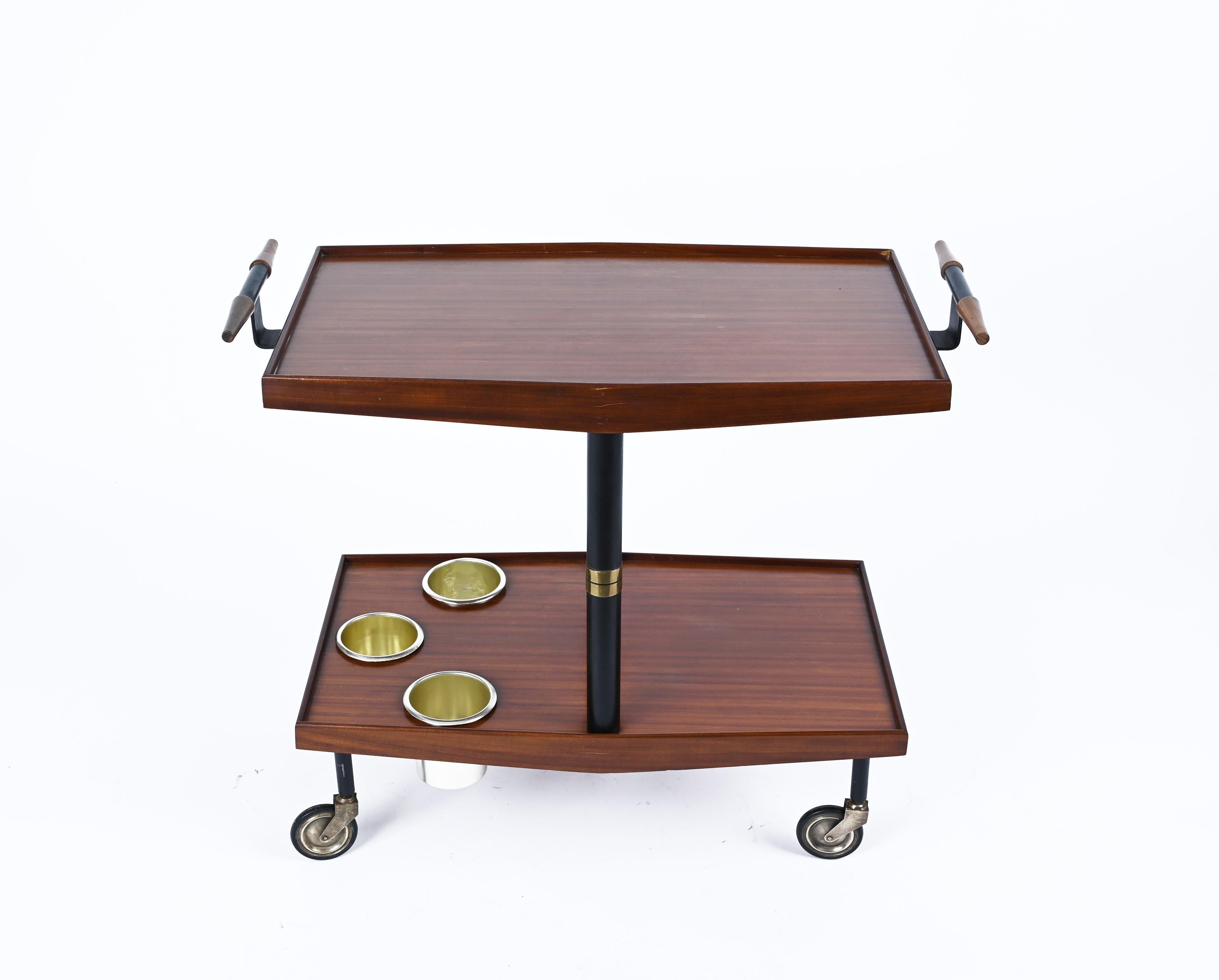 Italian Midcentury Wood Brass and Enameled Metal Serving Bar Cart and Bottle Holder 1960 For Sale