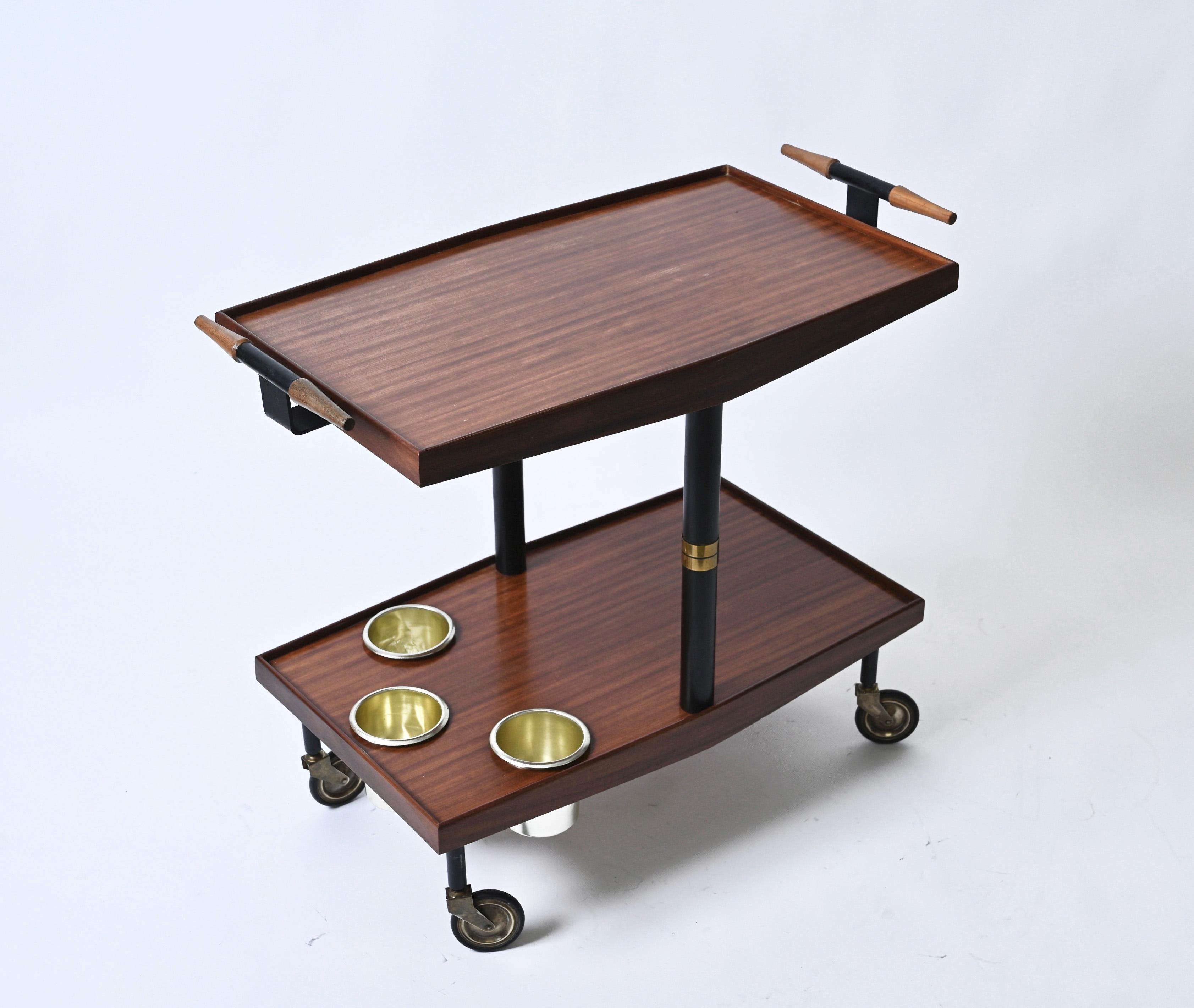 Mid-20th Century Midcentury Wood Brass and Enameled Metal Serving Bar Cart and Bottle Holder 1960 For Sale