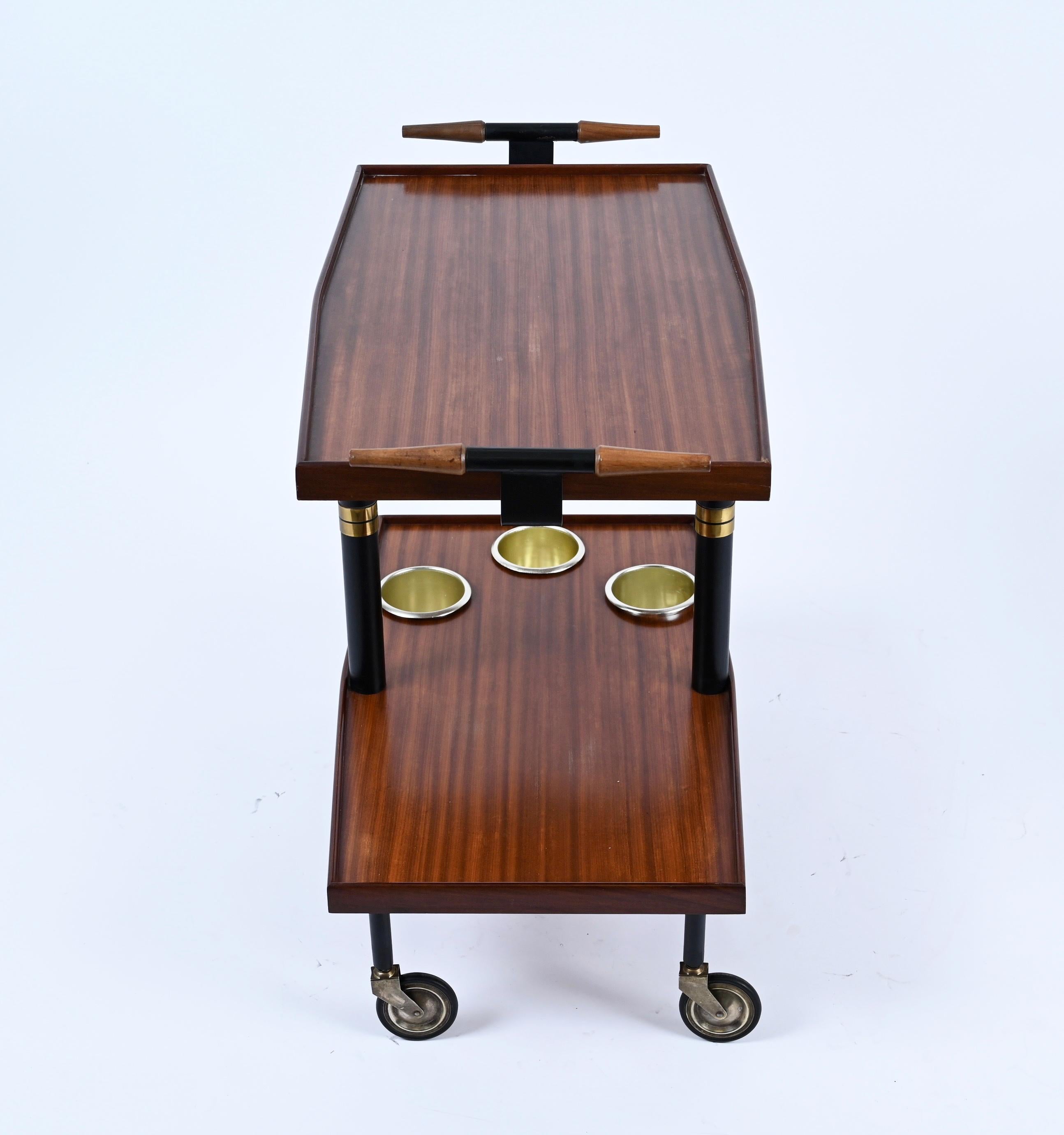Midcentury Wood Brass and Enameled Metal Serving Bar Cart and Bottle Holder 1960 For Sale 1