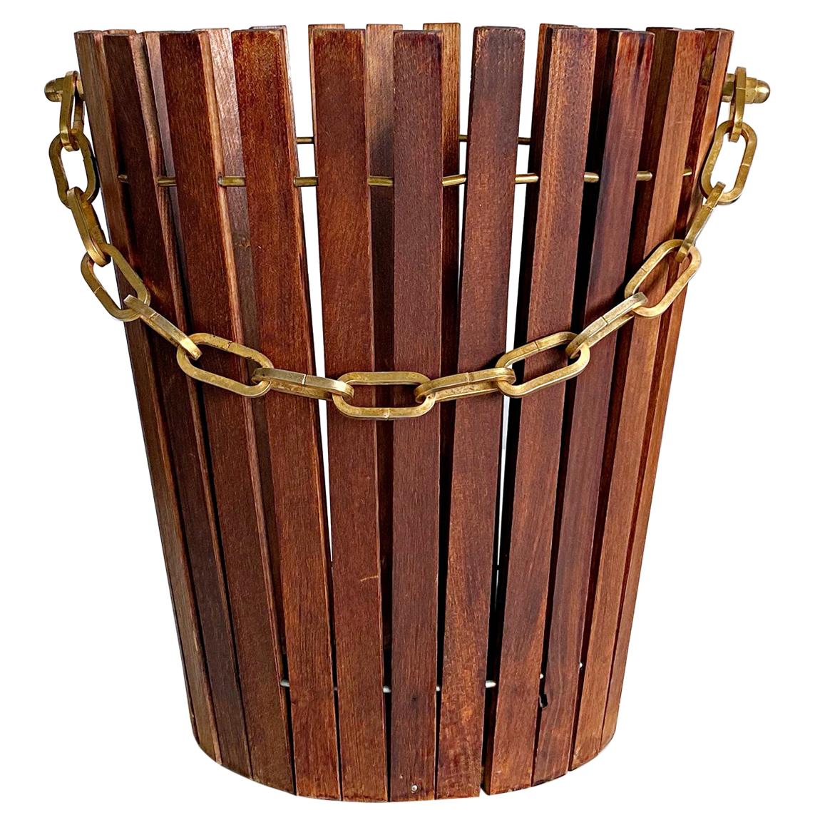 Midcentury Wood & Brass Chain Umbrella Stand or Waste Basket, 1950s, Italy