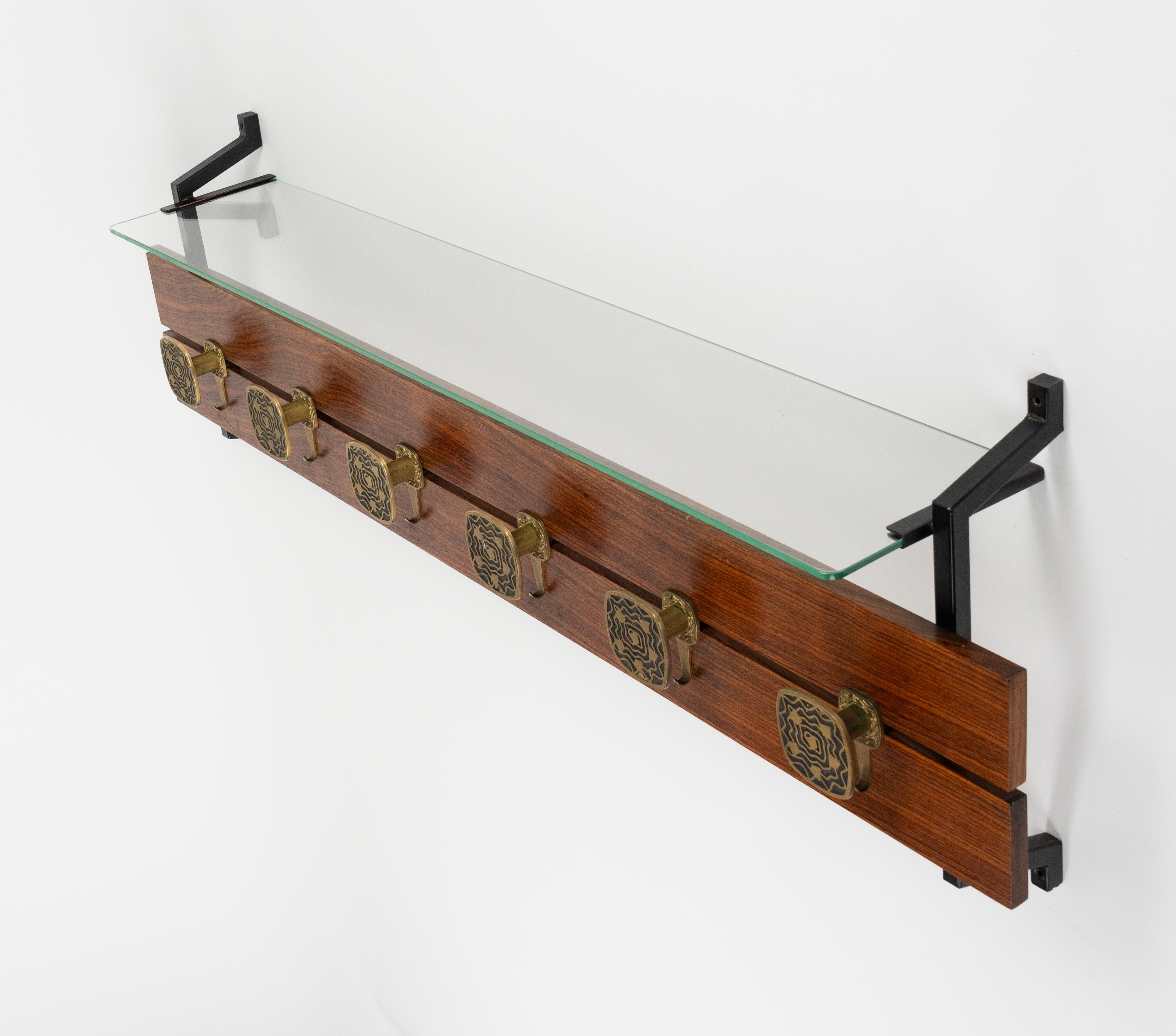 Midcentury Wood, Glass and Brass Coat Rack Herta Baller Style, Italy 1970s For Sale 3