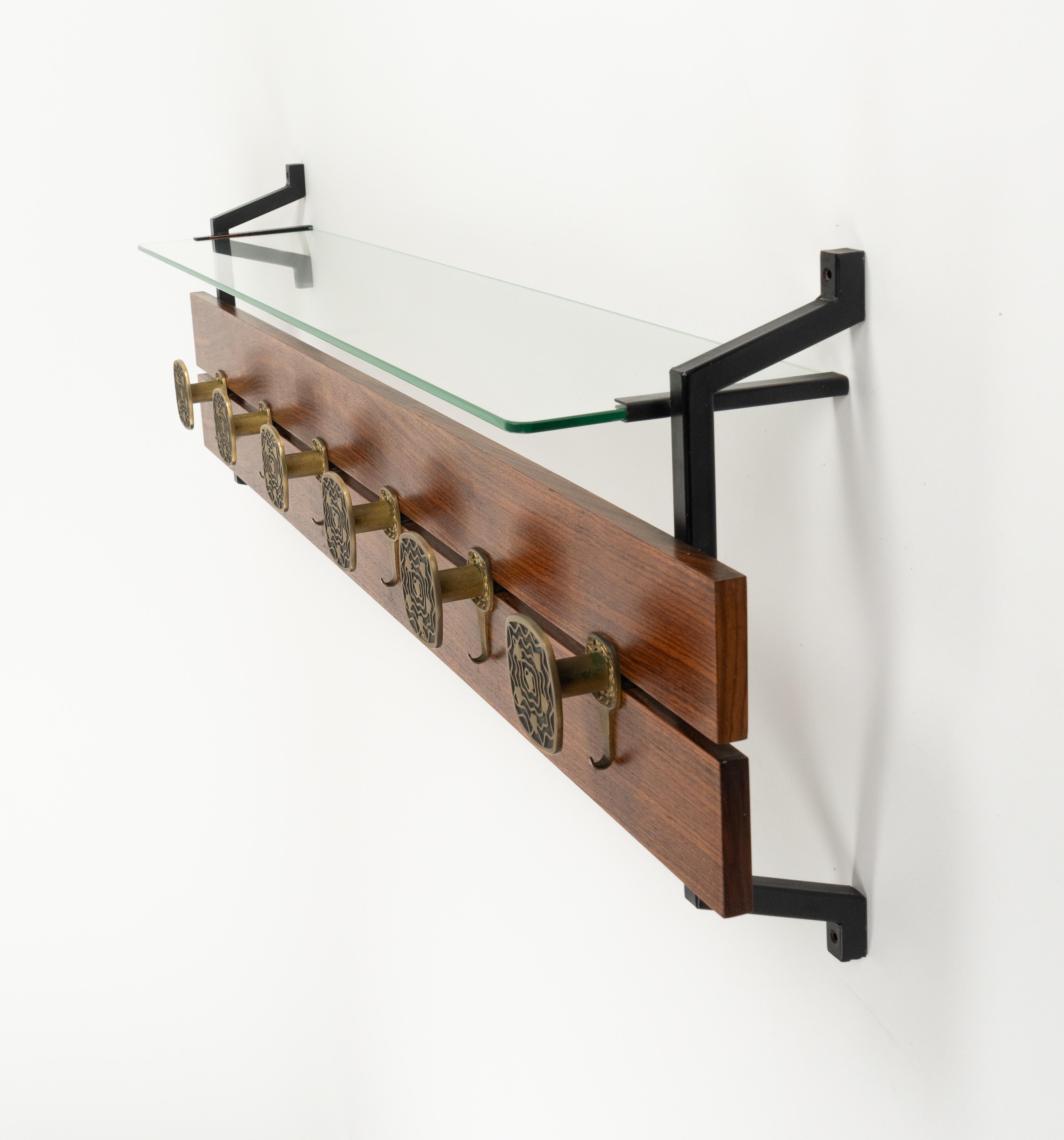 Midcentury Wood, Glass and Brass Coat Rack Herta Baller Style, Italy 1970s For Sale 4