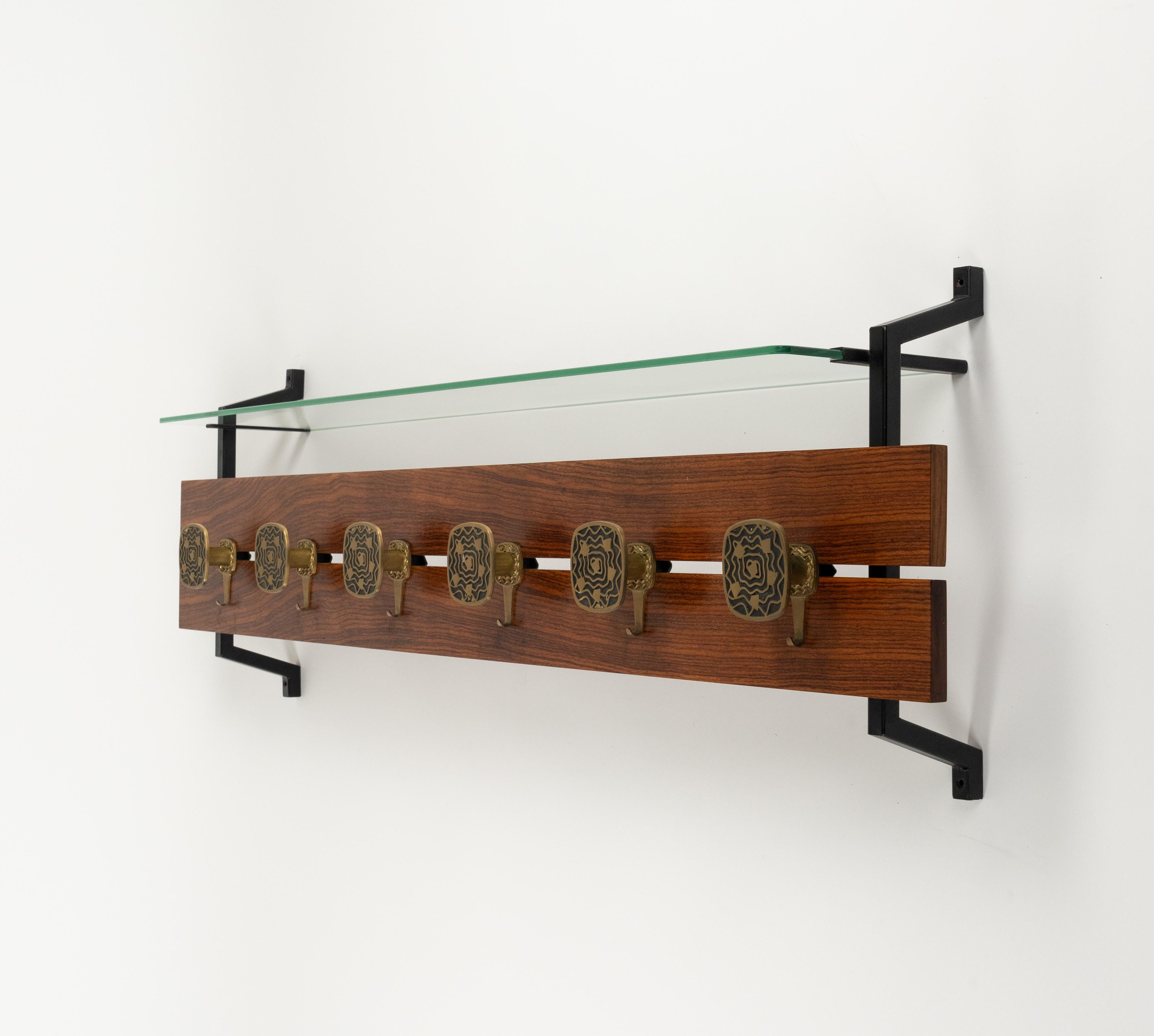 Midcentury Wood, Glass and Brass Coat Rack Herta Baller Style, Italy 1970s For Sale 5