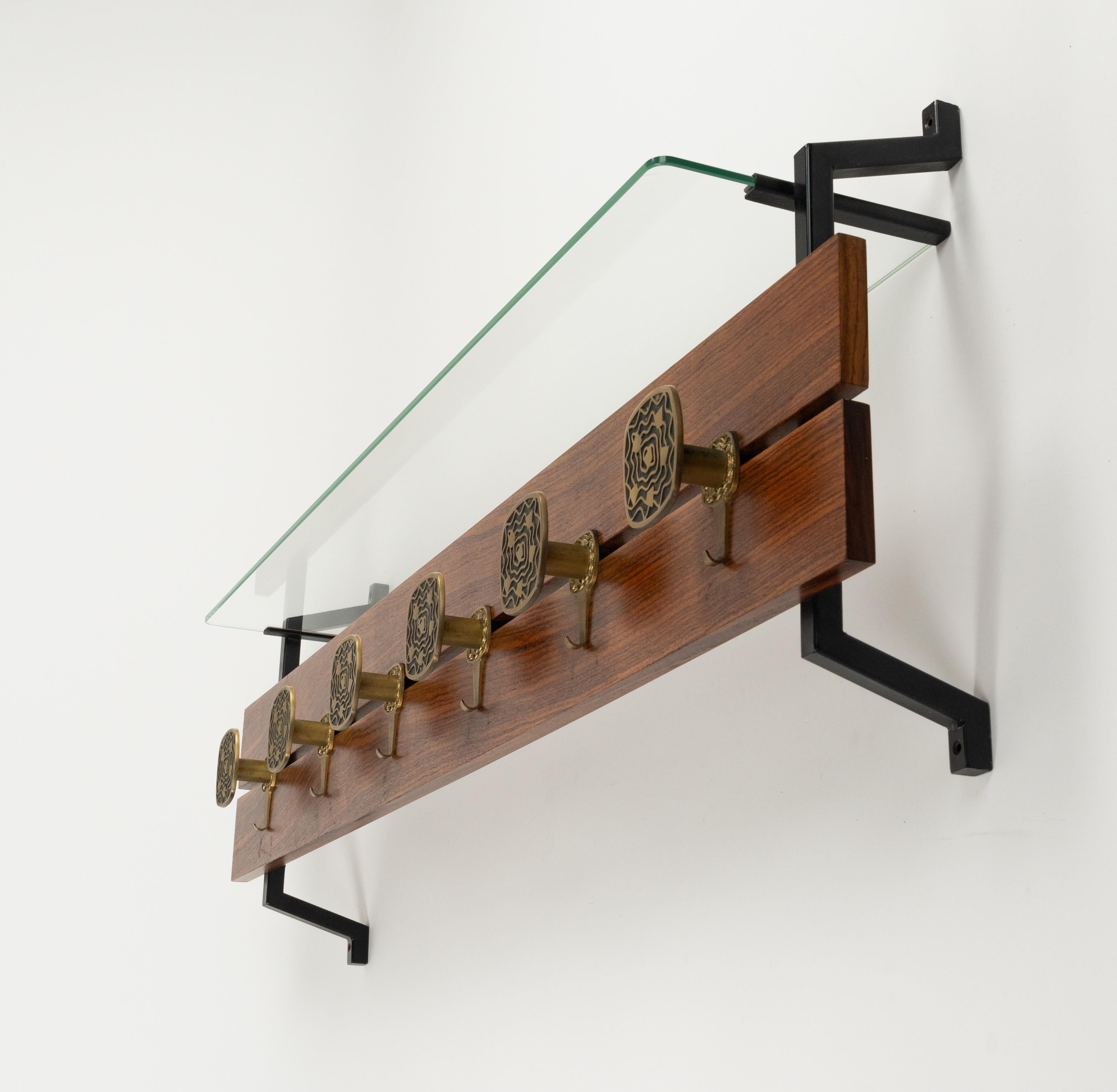 Midcentury Wood, Glass and Brass Coat Rack Herta Baller Style, Italy 1970s For Sale 6