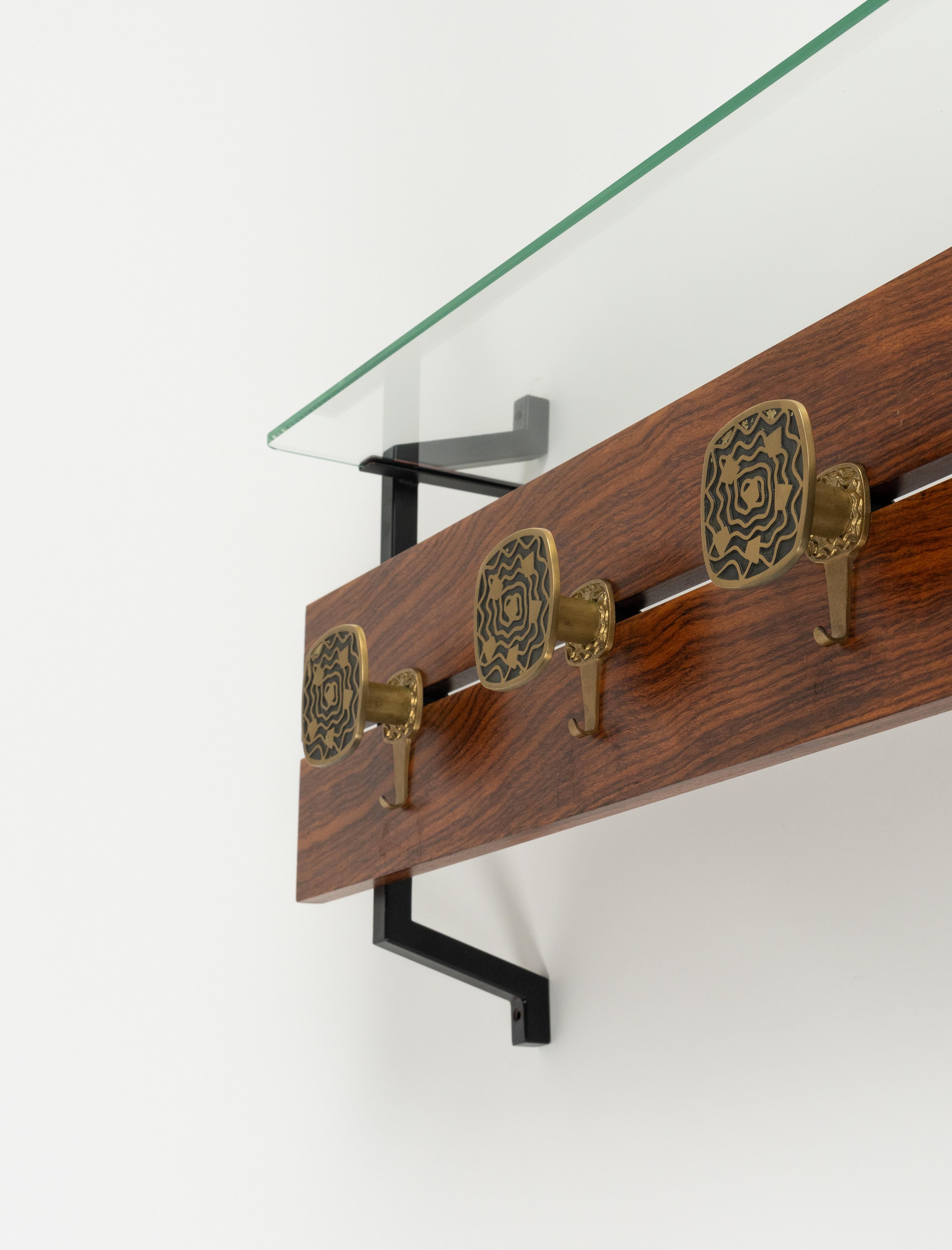 Midcentury Wood, Glass and Brass Coat Rack Herta Baller Style, Italy 1970s For Sale 7