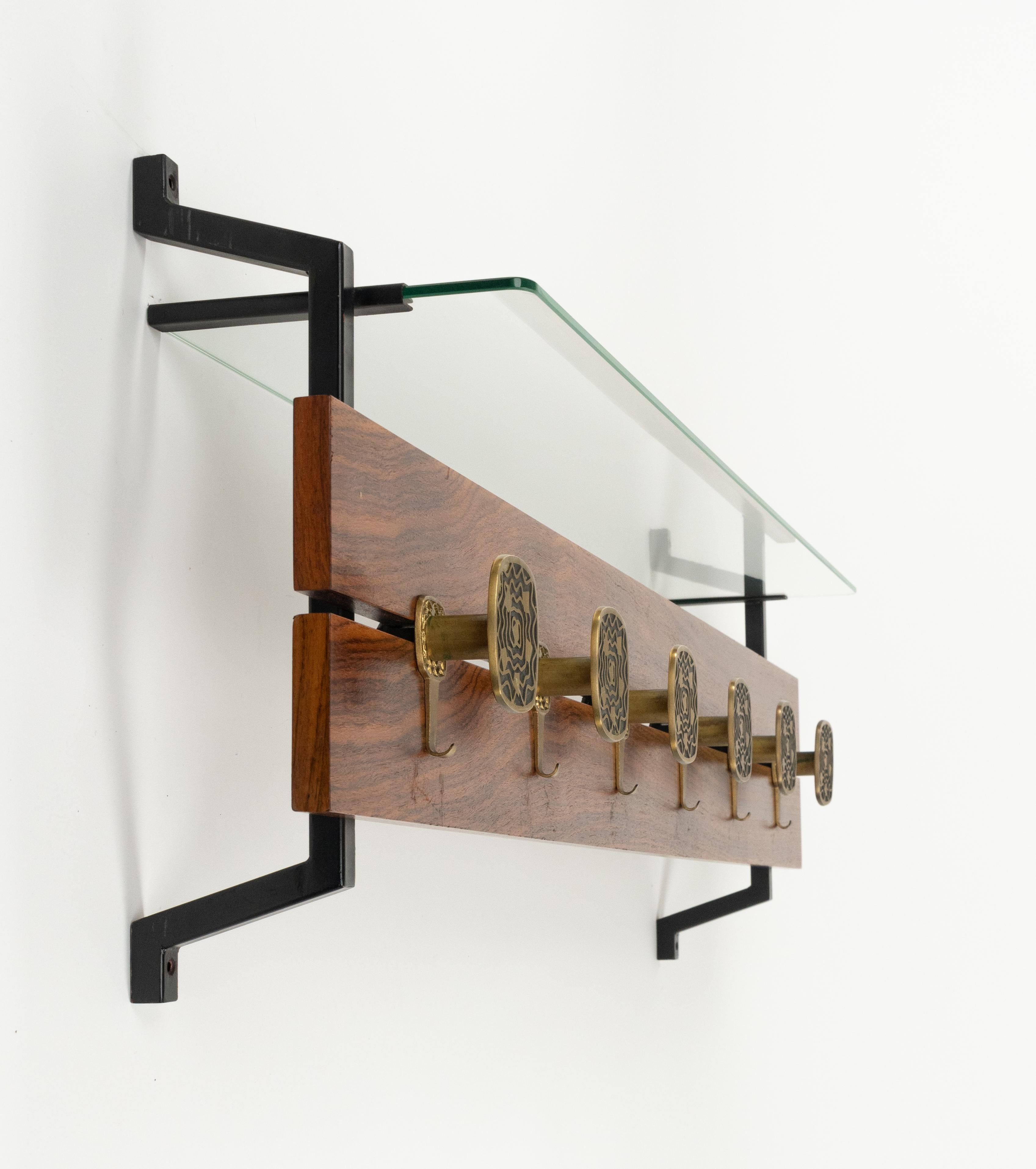Midcentury Wood, Glass and Brass Coat Rack Herta Baller Style, Italy 1970s For Sale 8
