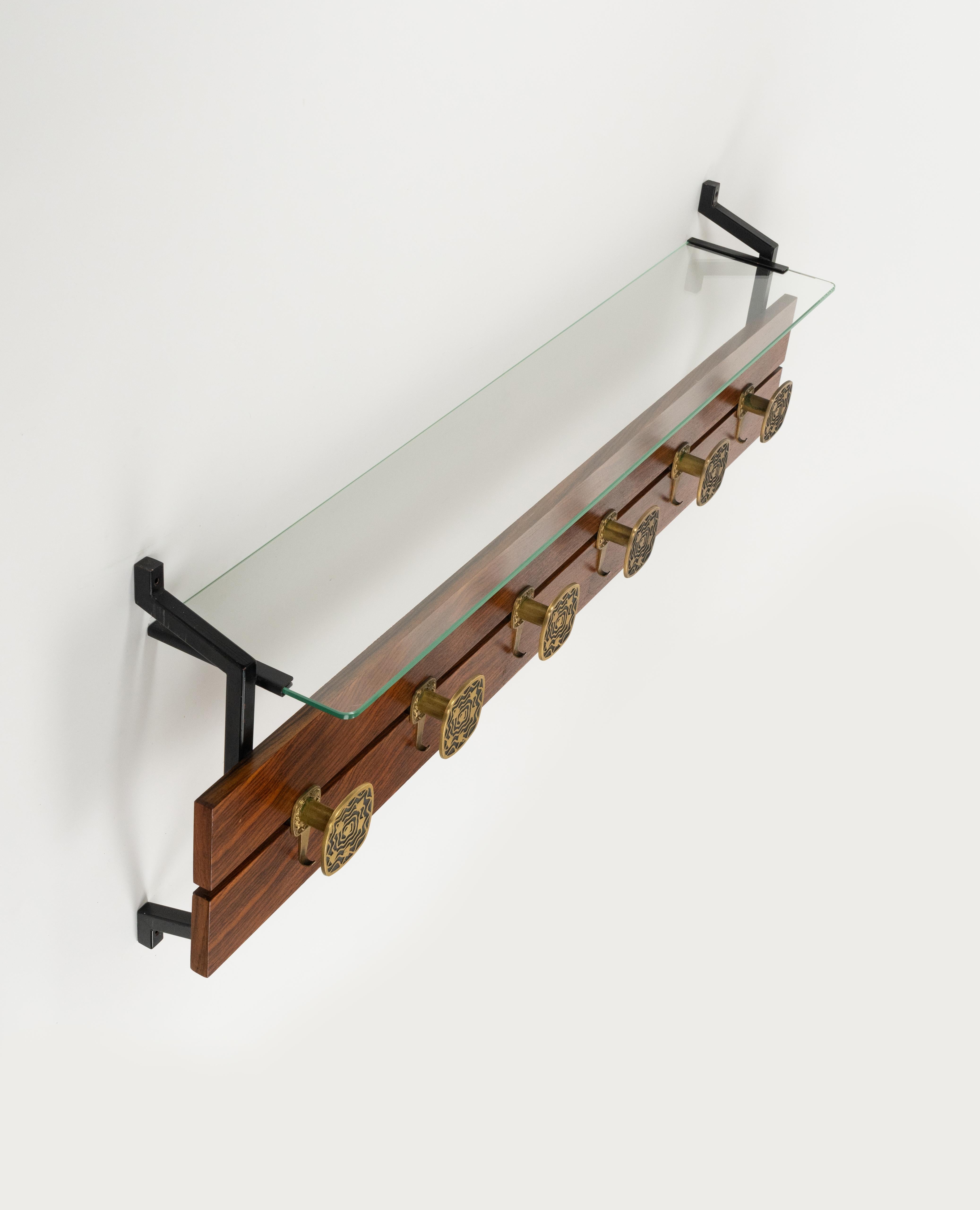 Mid-Century Modern Midcentury Wood, Glass and Brass Coat Rack Herta Baller Style, Italy 1970s For Sale