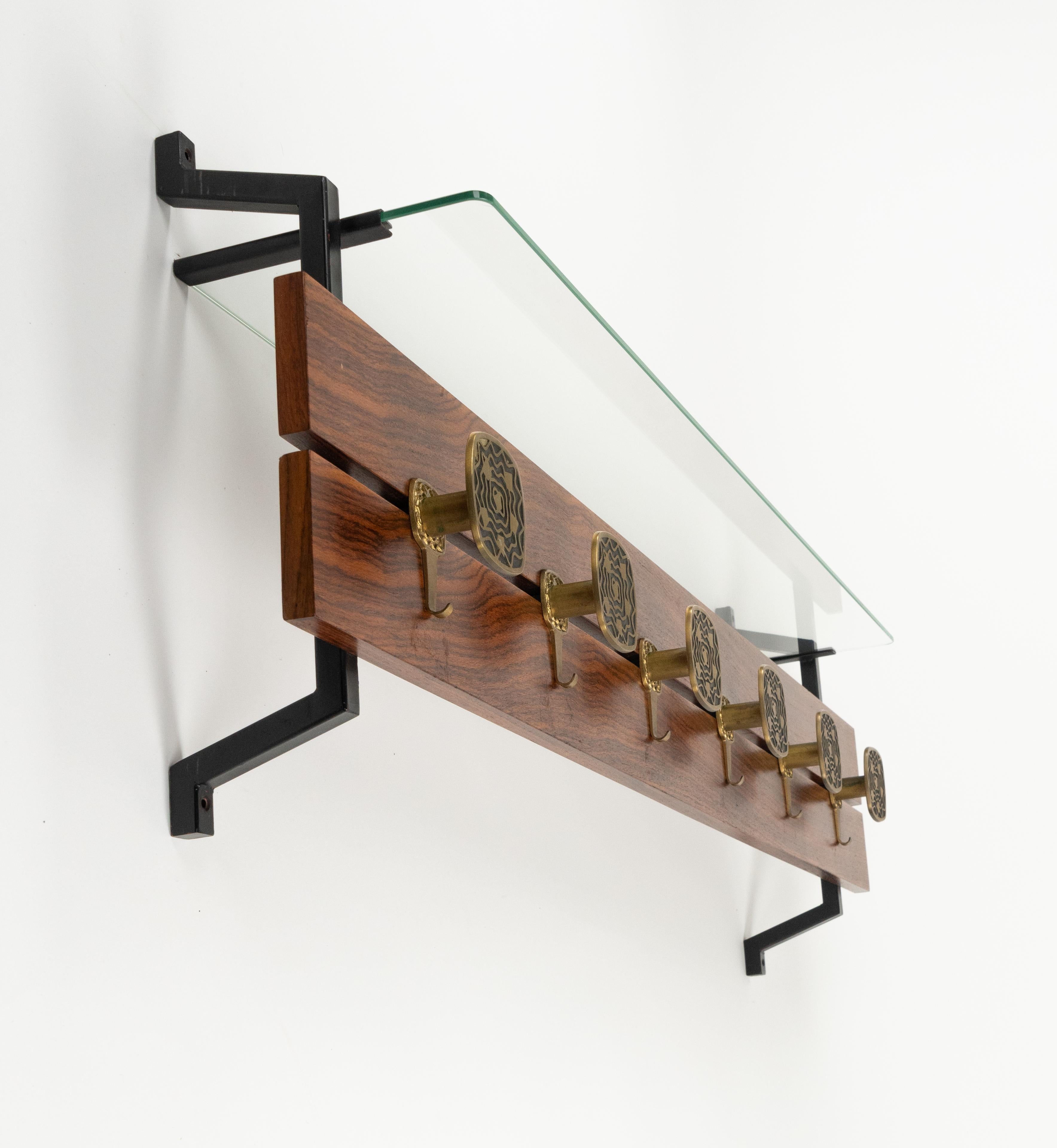 Midcentury Wood, Glass and Brass Coat Rack Herta Baller Style, Italy 1970s In Good Condition For Sale In Rome, IT