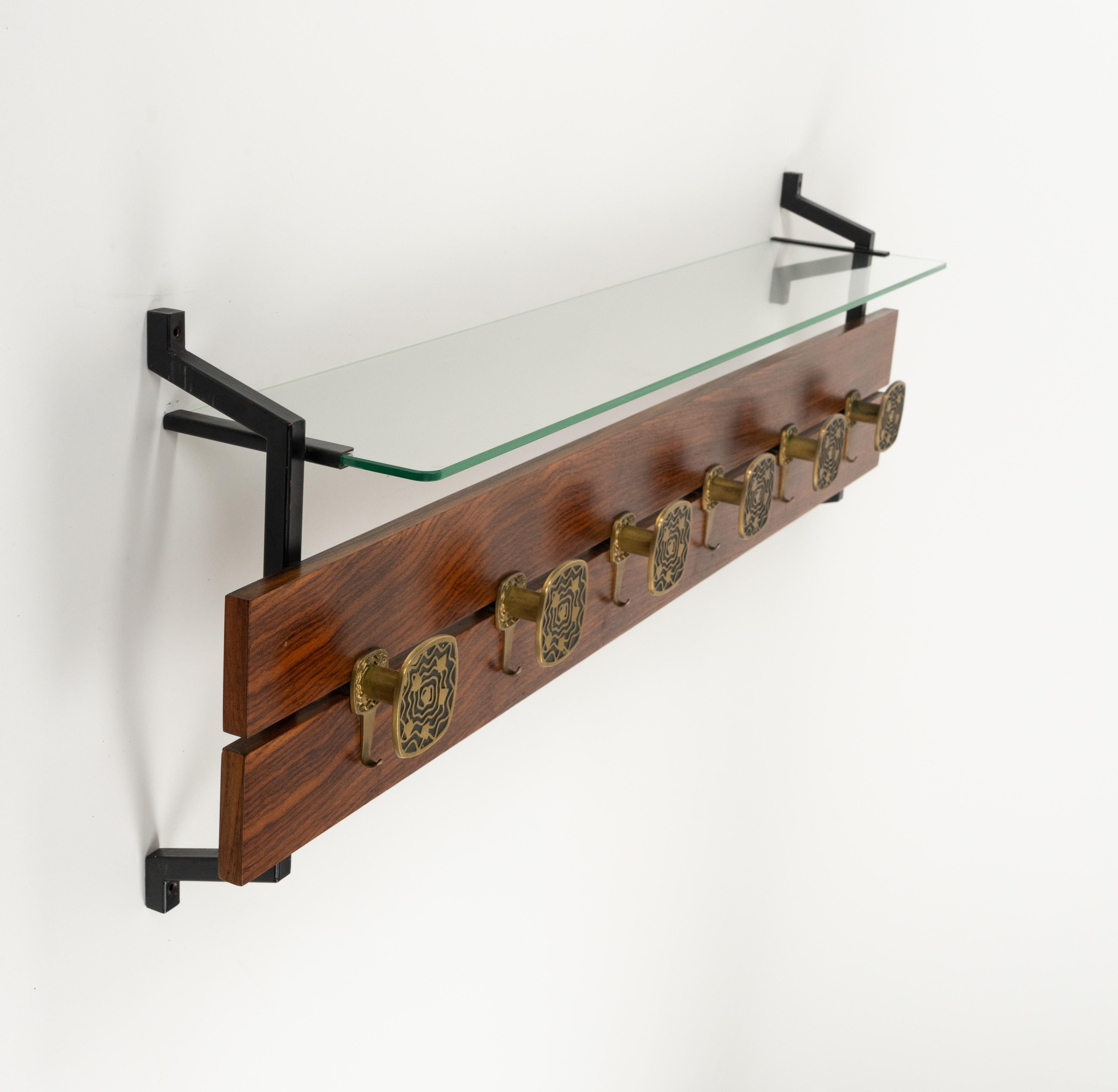 Late 20th Century Midcentury Wood, Glass and Brass Coat Rack Herta Baller Style, Italy 1970s For Sale