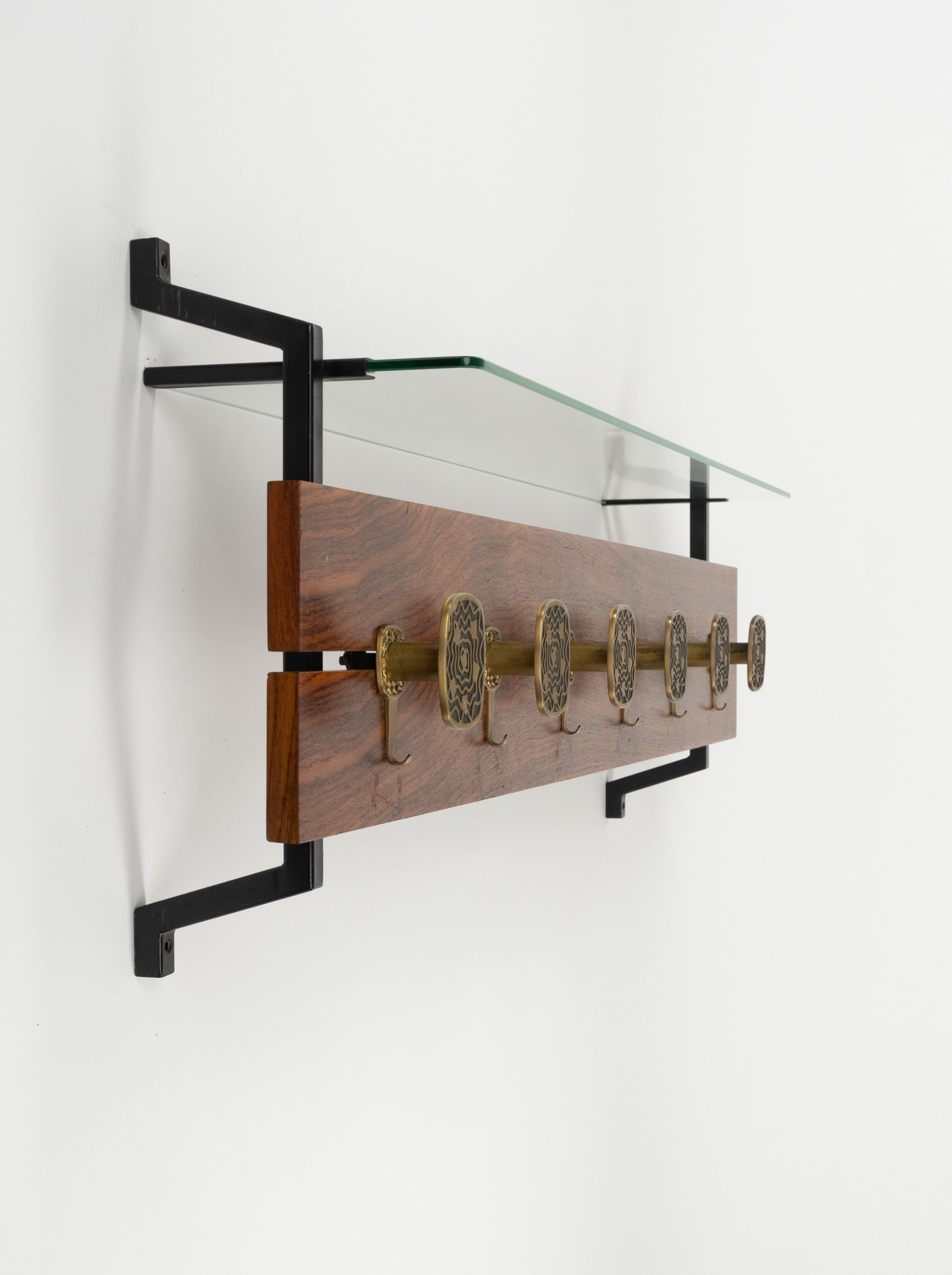 Metal Midcentury Wood, Glass and Brass Coat Rack Herta Baller Style, Italy 1970s For Sale