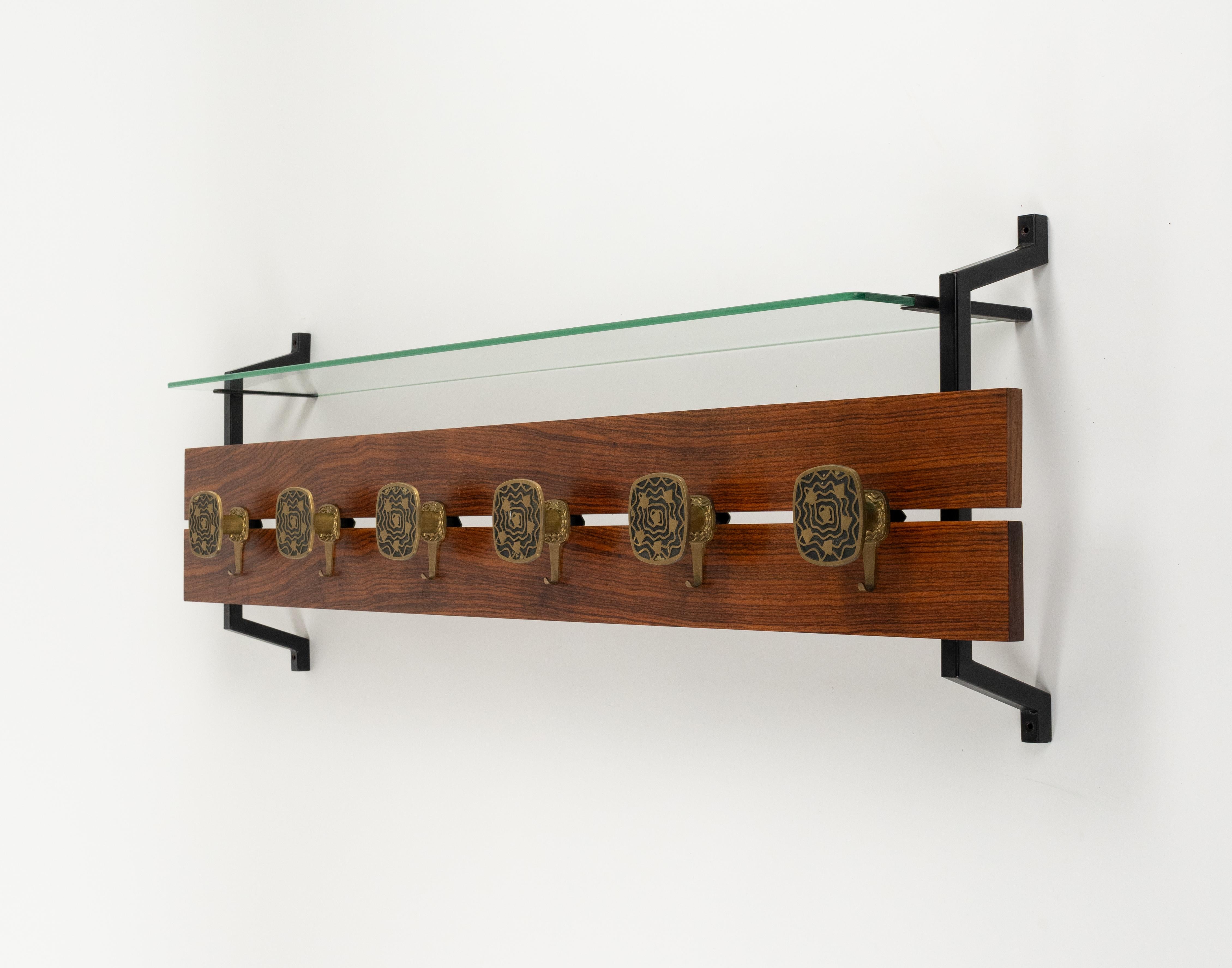 Midcentury Wood, Glass and Brass Coat Rack Herta Baller Style, Italy 1970s For Sale 1