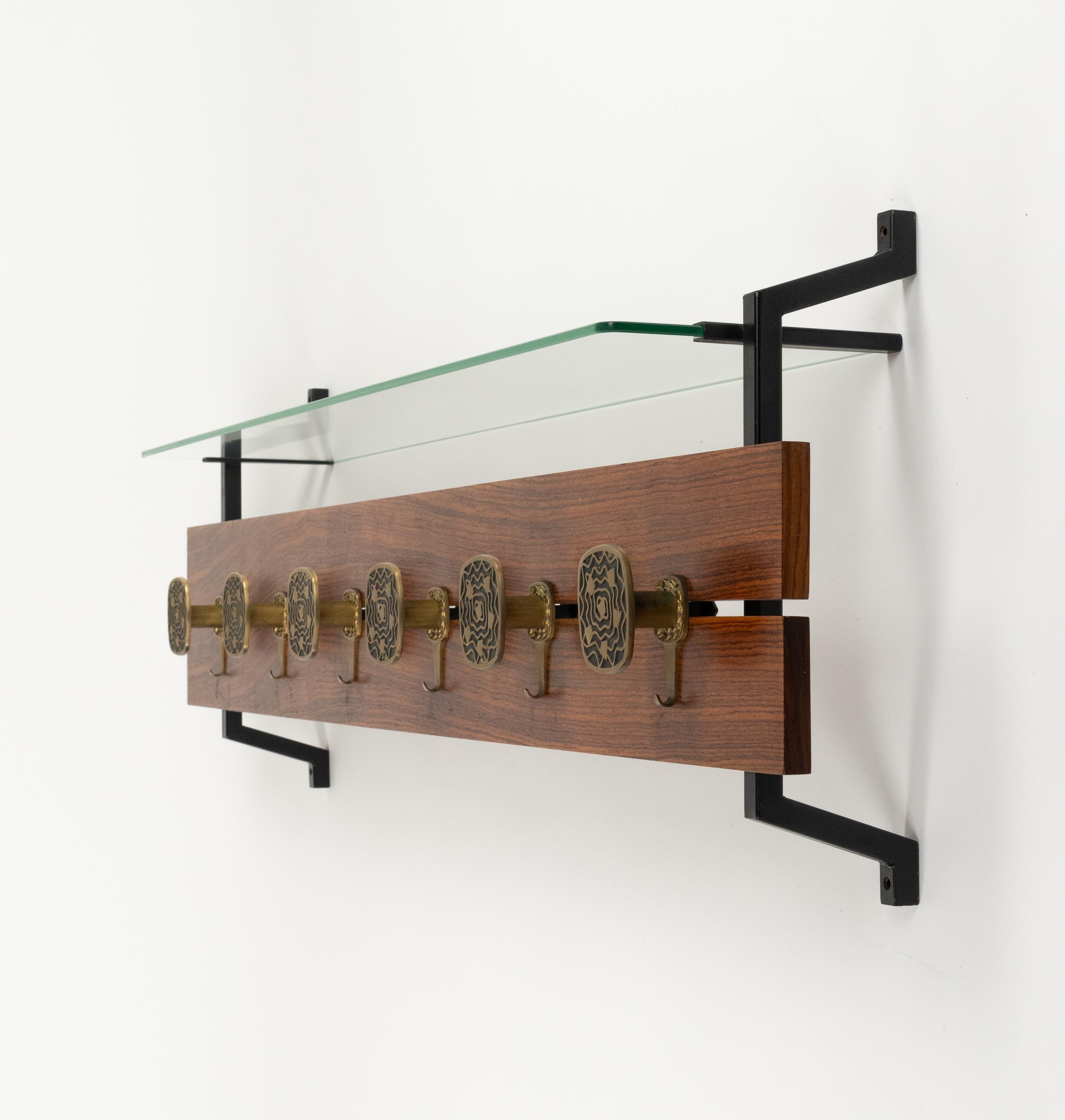 Midcentury Wood, Glass and Brass Coat Rack Herta Baller Style, Italy 1970s For Sale 2