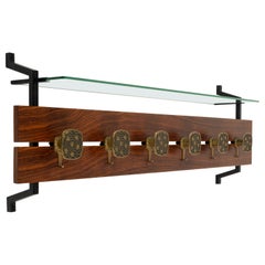 Midcentury Wood, Glass and Brass Coat Rack Herta Baller Style, Italy 1970s