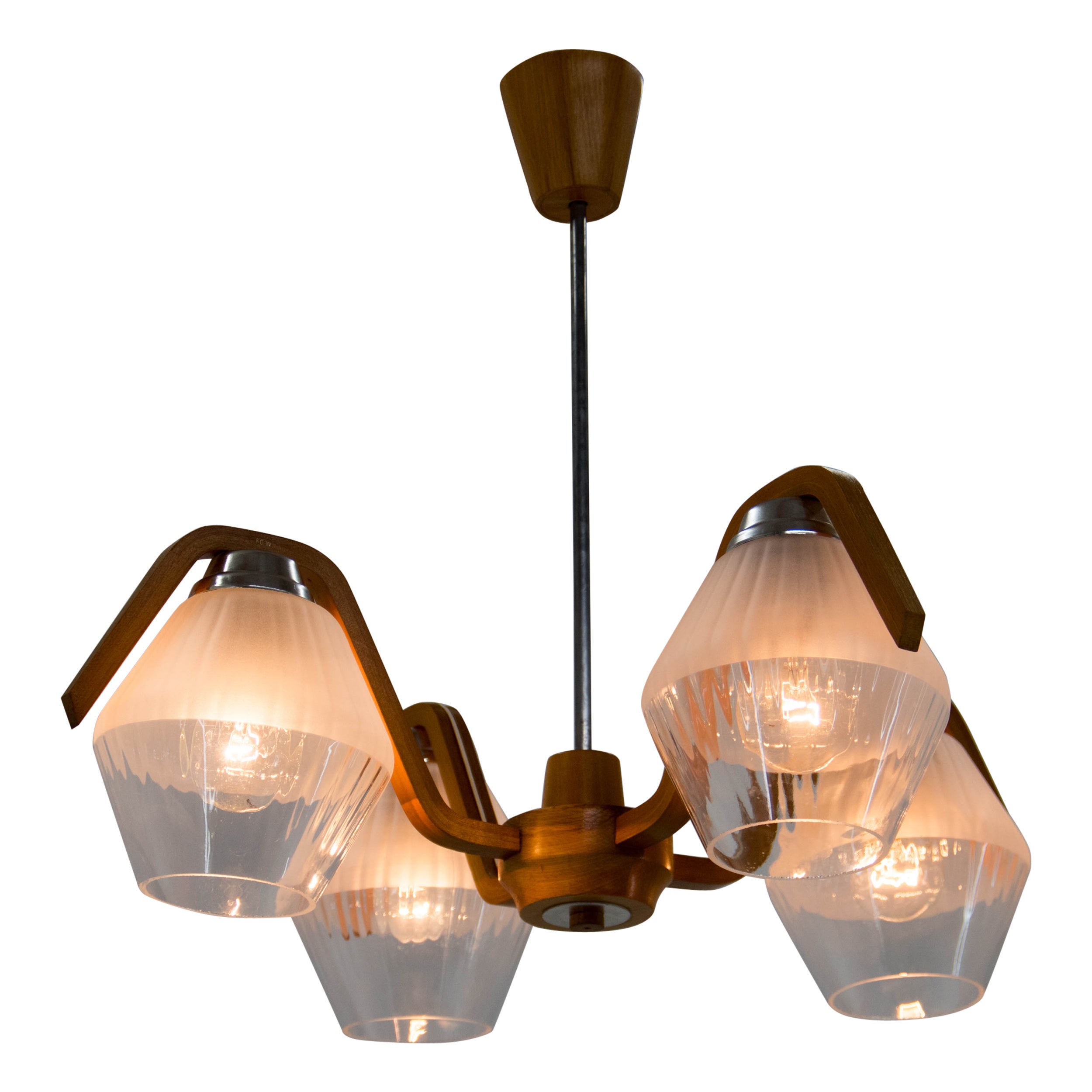 Midcentury Wood 
Glass Chandelier by Dřevo Humpolec, 1960s