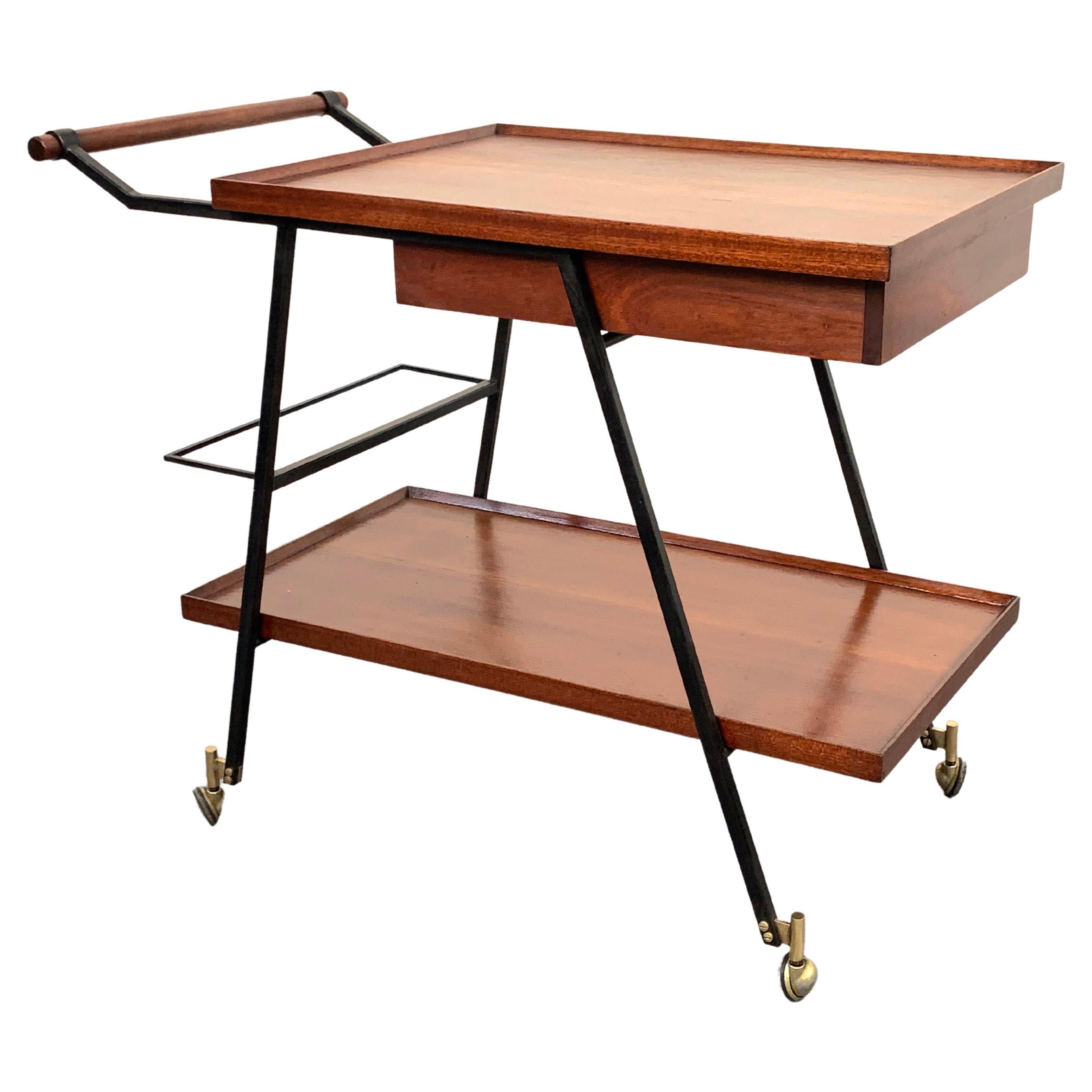 Midcentury Wood Italian Bar Trolley with Bottle Holder and Drawer