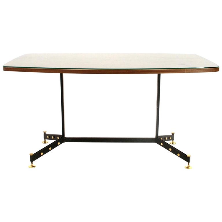 Midcentury Wood, Metal and Brass Rectangular Top Italian Dining Table, 1950s For Sale