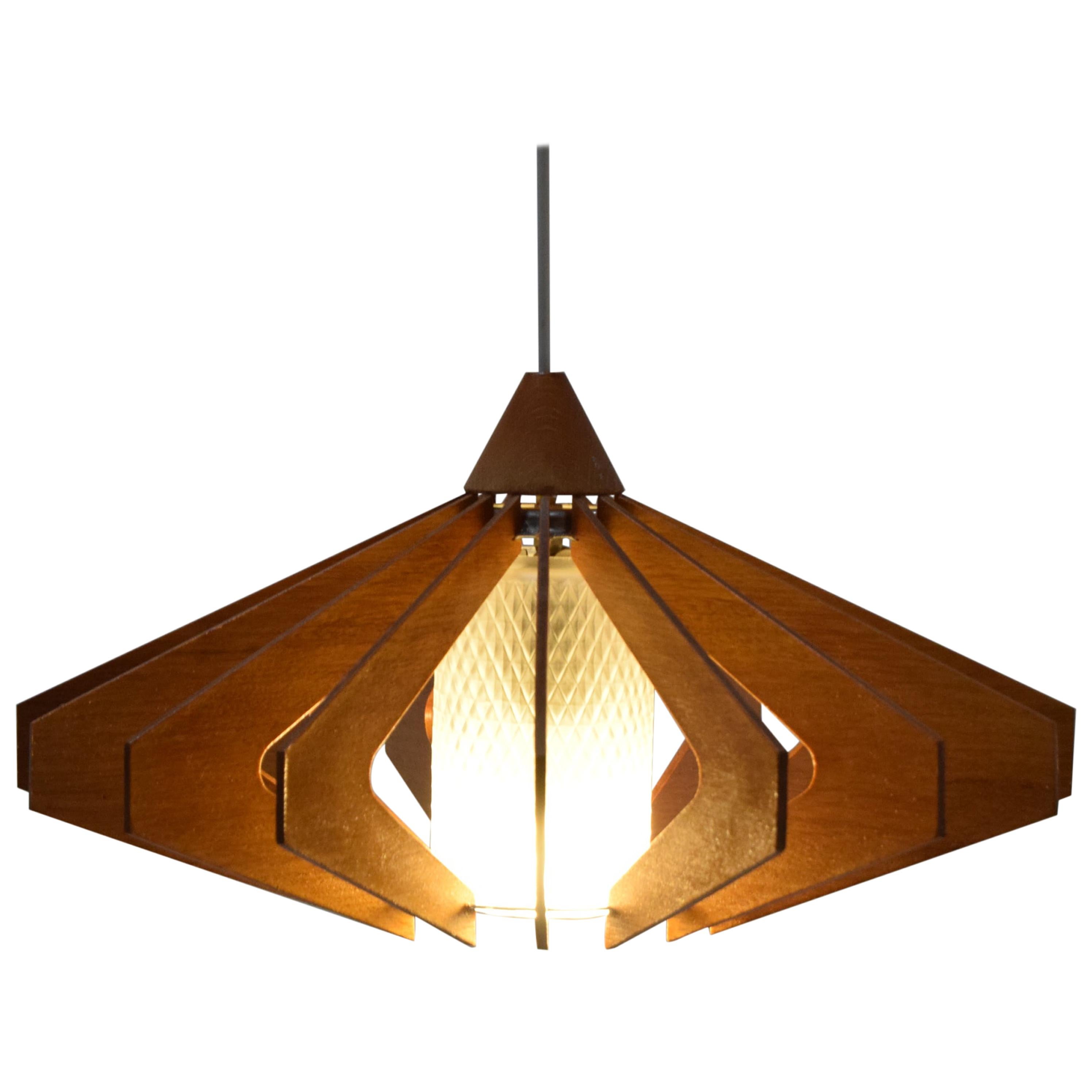 Midcentury Wood Pendant/ Drevo Humpolec, 1970s