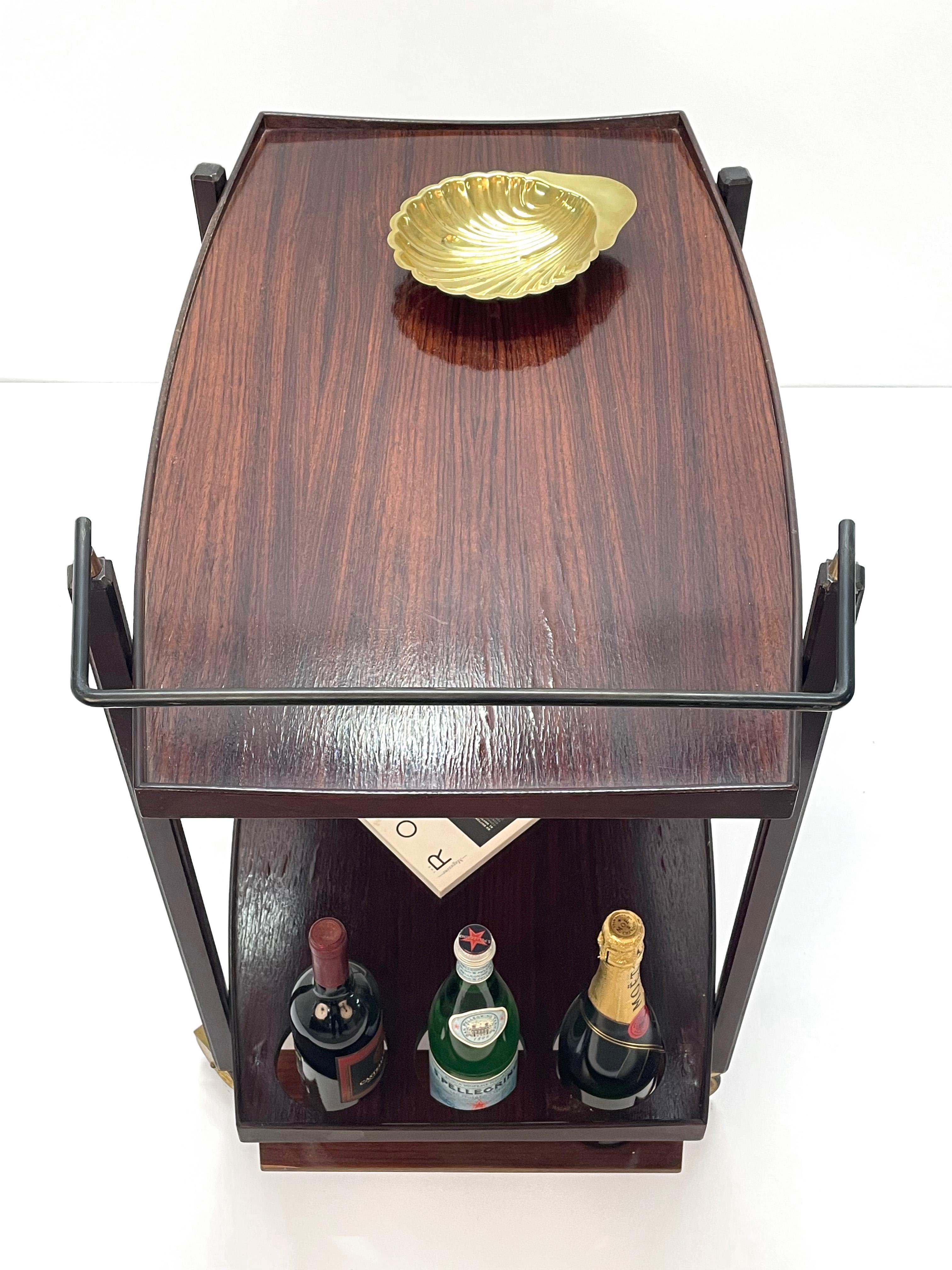 Midcentury Wood Serving Bar Cart with Enameled Metal Bottle Holder, 1960s For Sale 8