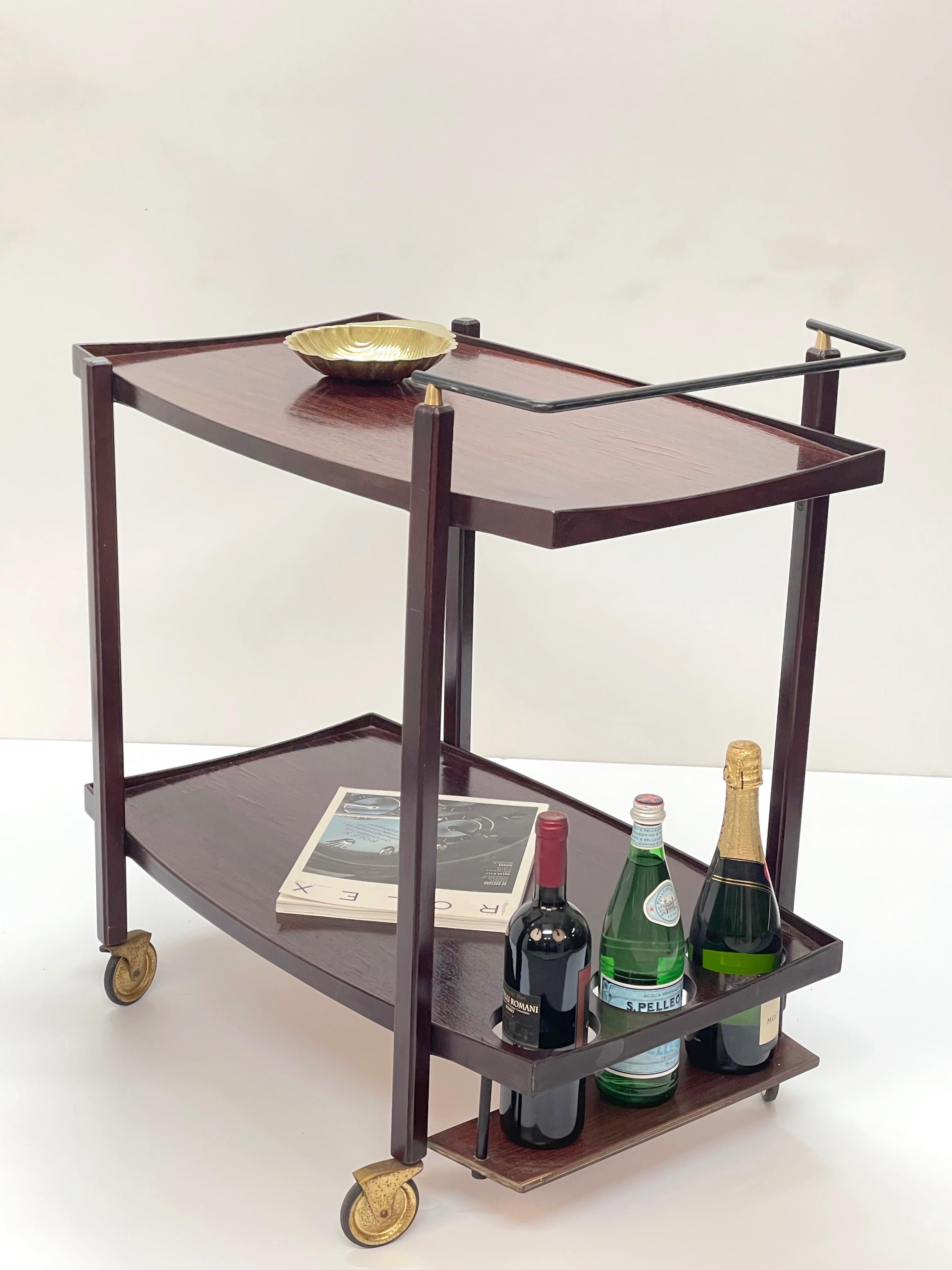 Midcentury Wood Serving Bar Cart with Enameled Metal Bottle Holder, 1960s For Sale 11
