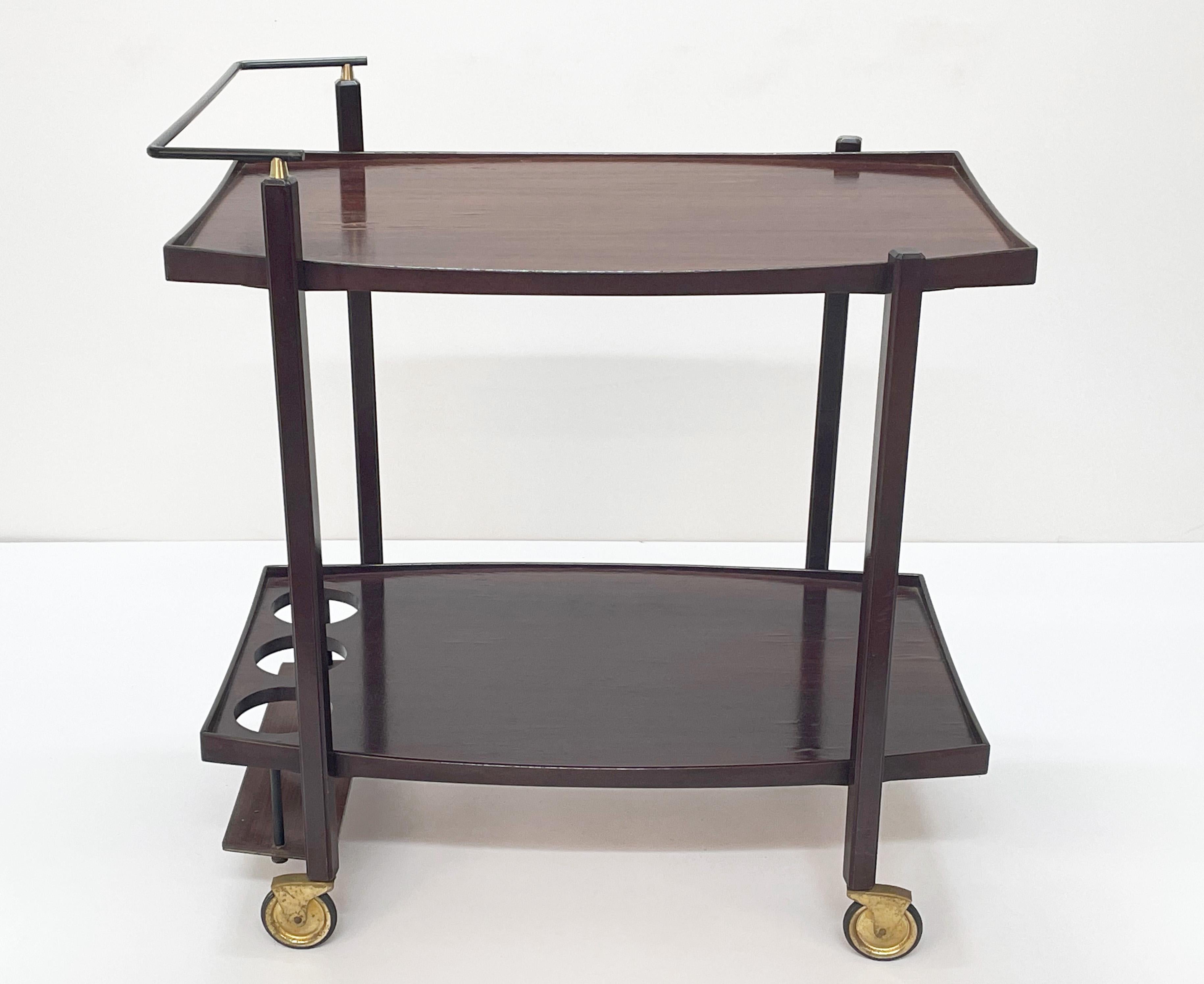 Mid-Century Modern Midcentury Wood Serving Bar Cart with Enameled Metal Bottle Holder, 1960s For Sale