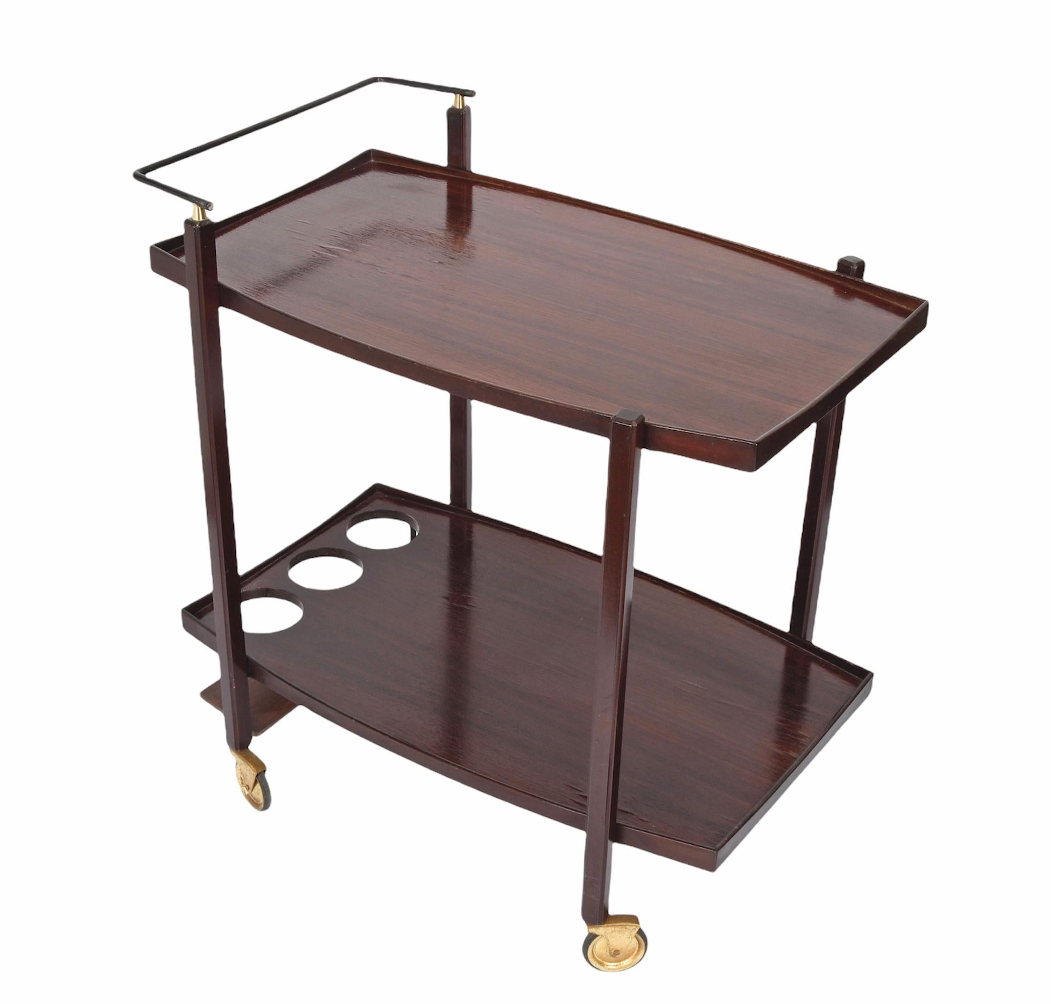 Lacquered Midcentury Wood Serving Bar Cart with Enameled Metal Bottle Holder, 1960s For Sale