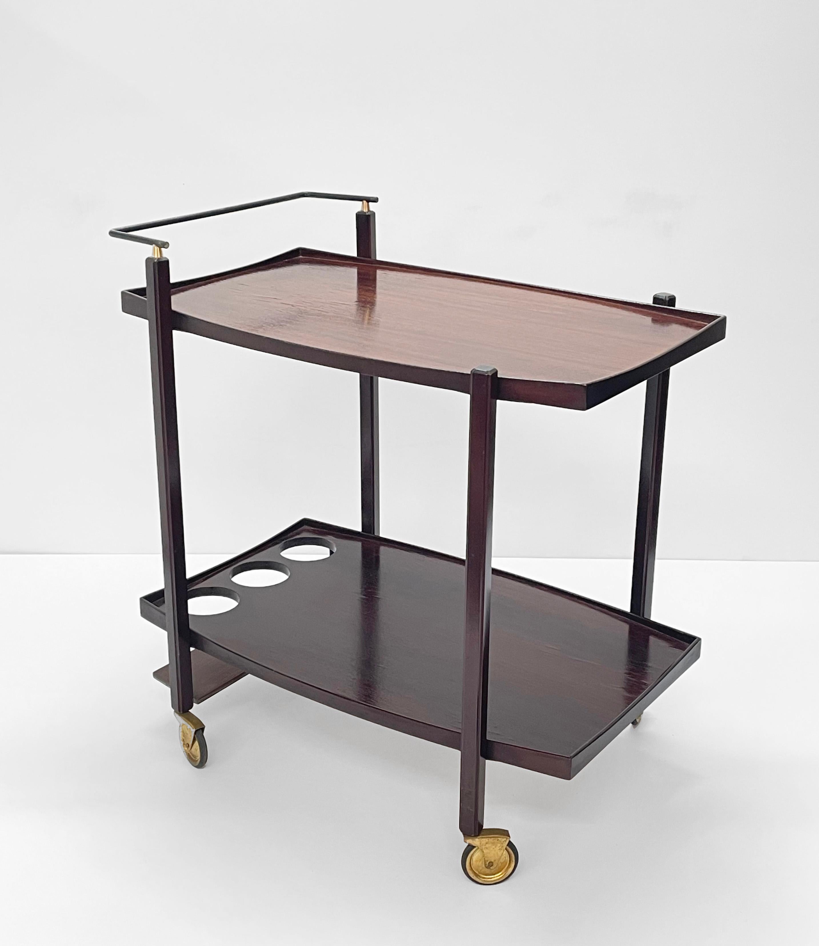 Midcentury Wood Serving Bar Cart with Enameled Metal Bottle Holder, 1960s In Good Condition For Sale In Roma, IT
