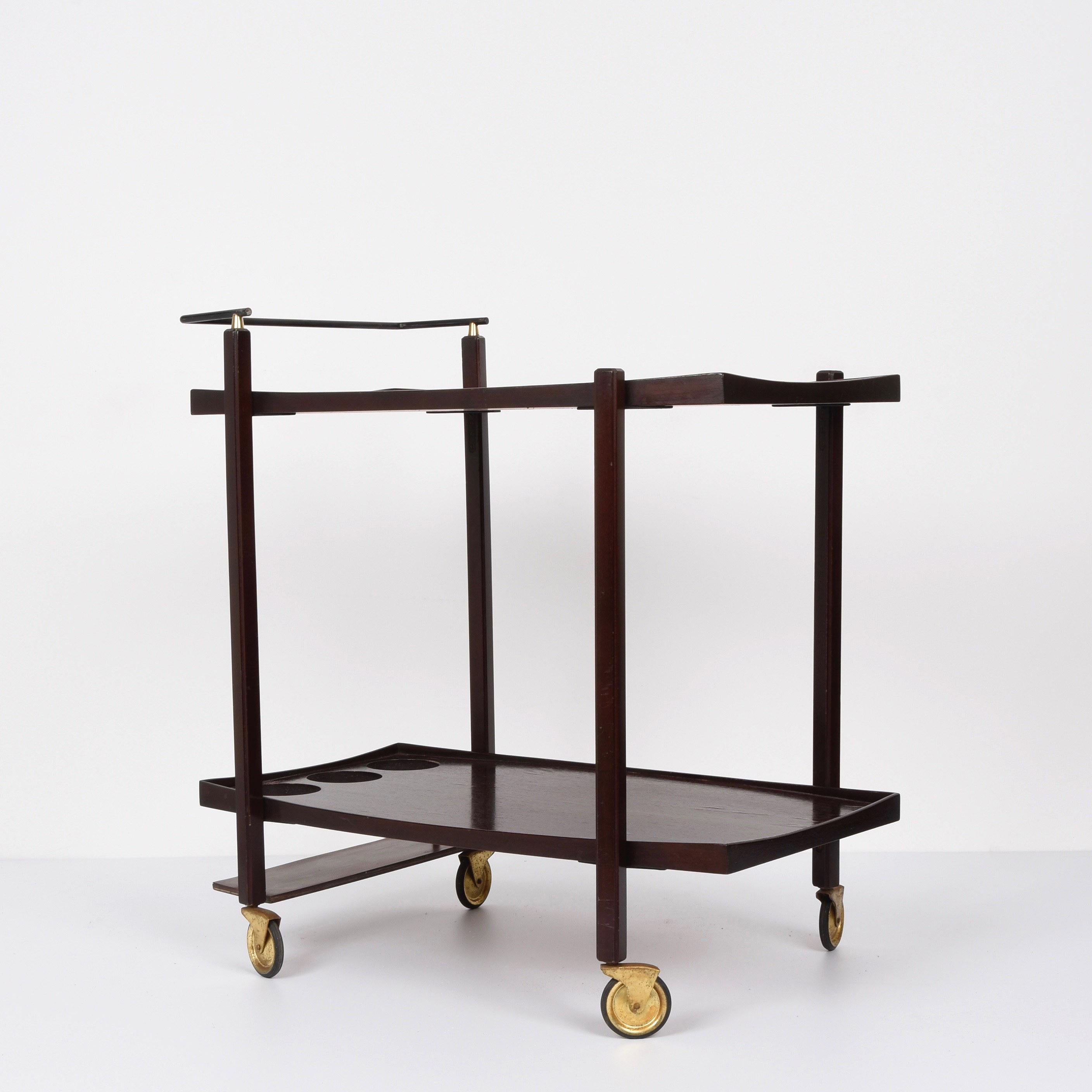 Mid-20th Century Midcentury Wood Serving Bar Cart with Enameled Metal Bottle Holder, 1960s For Sale