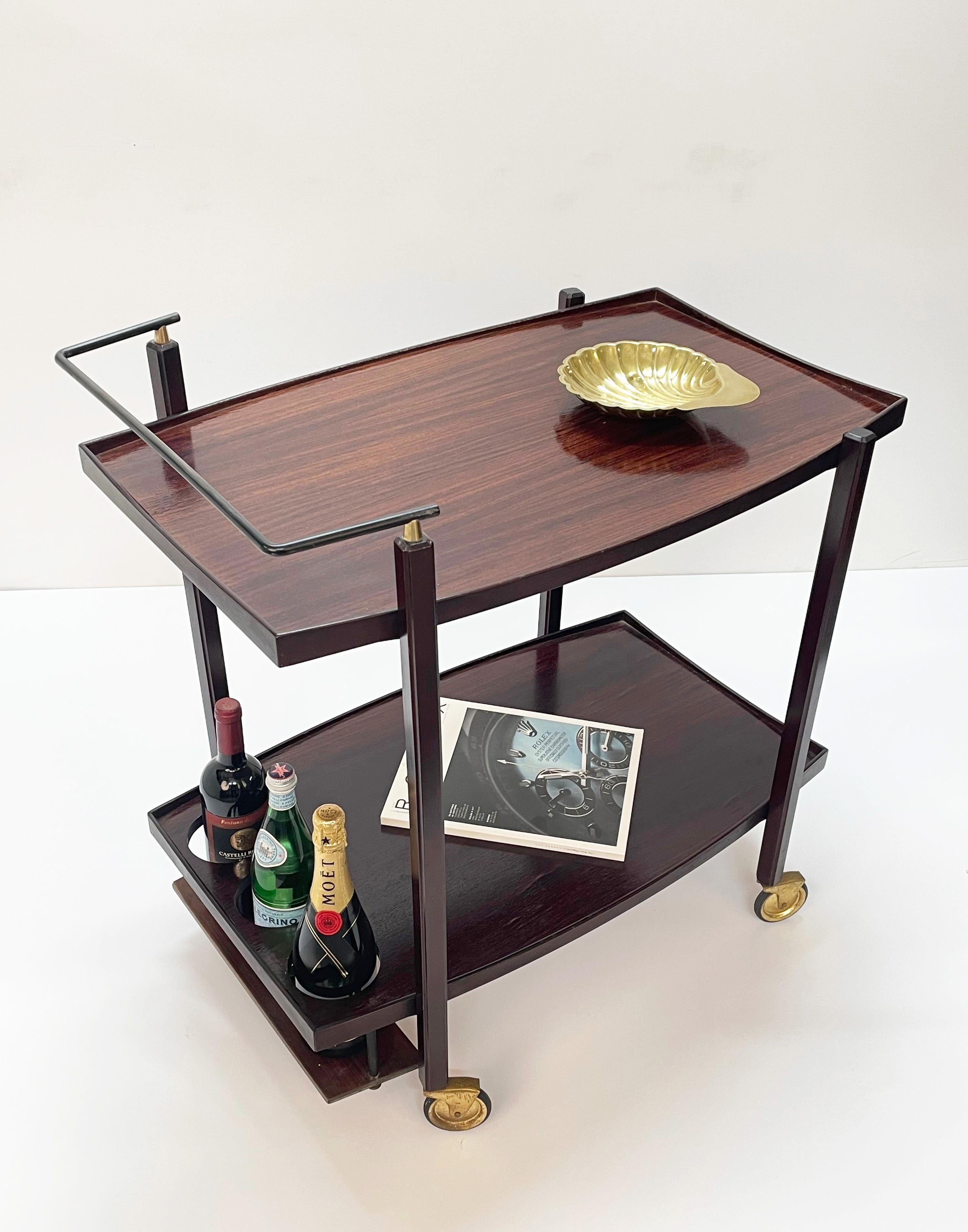 Midcentury Wood Serving Bar Cart with Enameled Metal Bottle Holder, 1960s For Sale 2