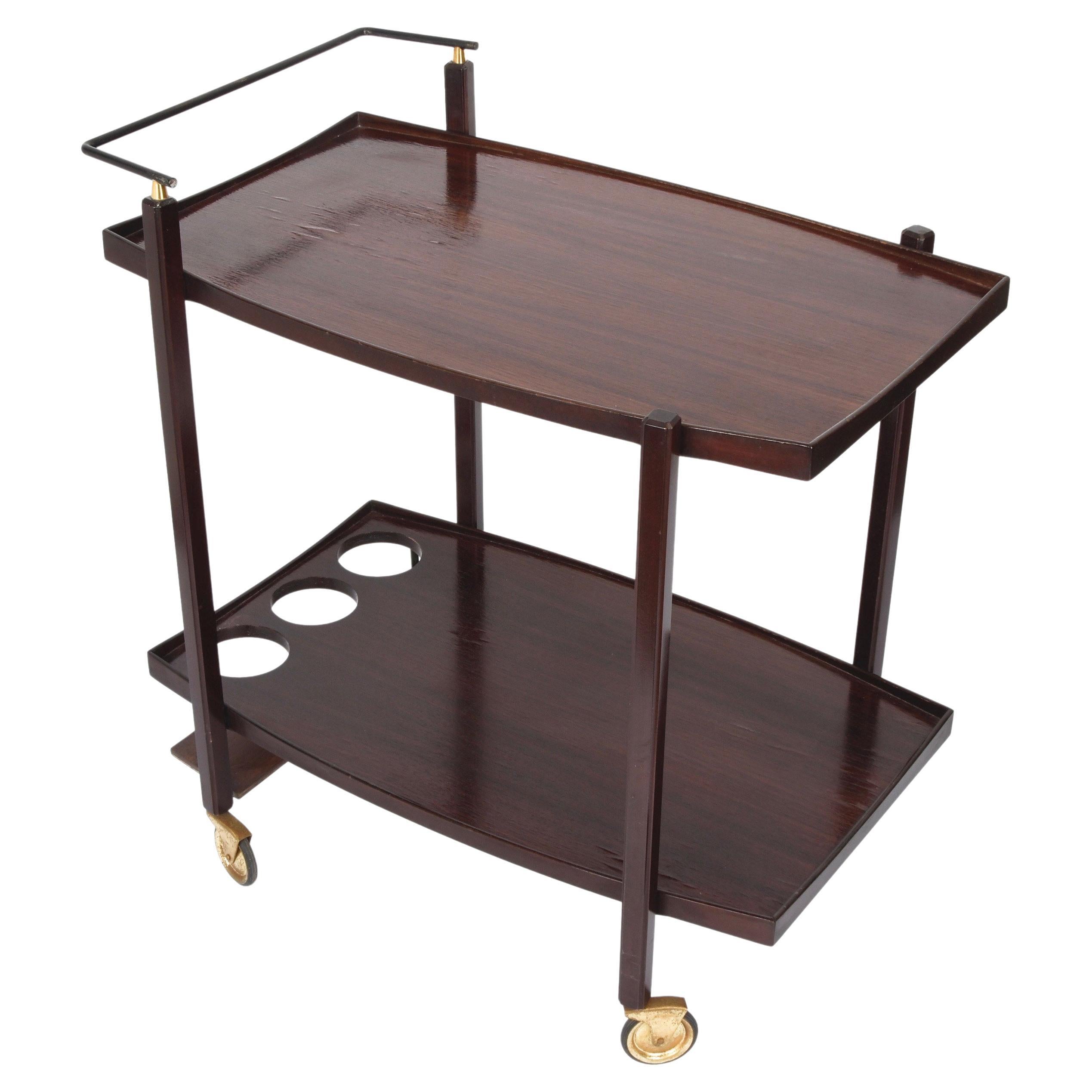 Midcentury Wood Serving Bar Cart with Enameled Metal Bottle Holder, 1960s For Sale