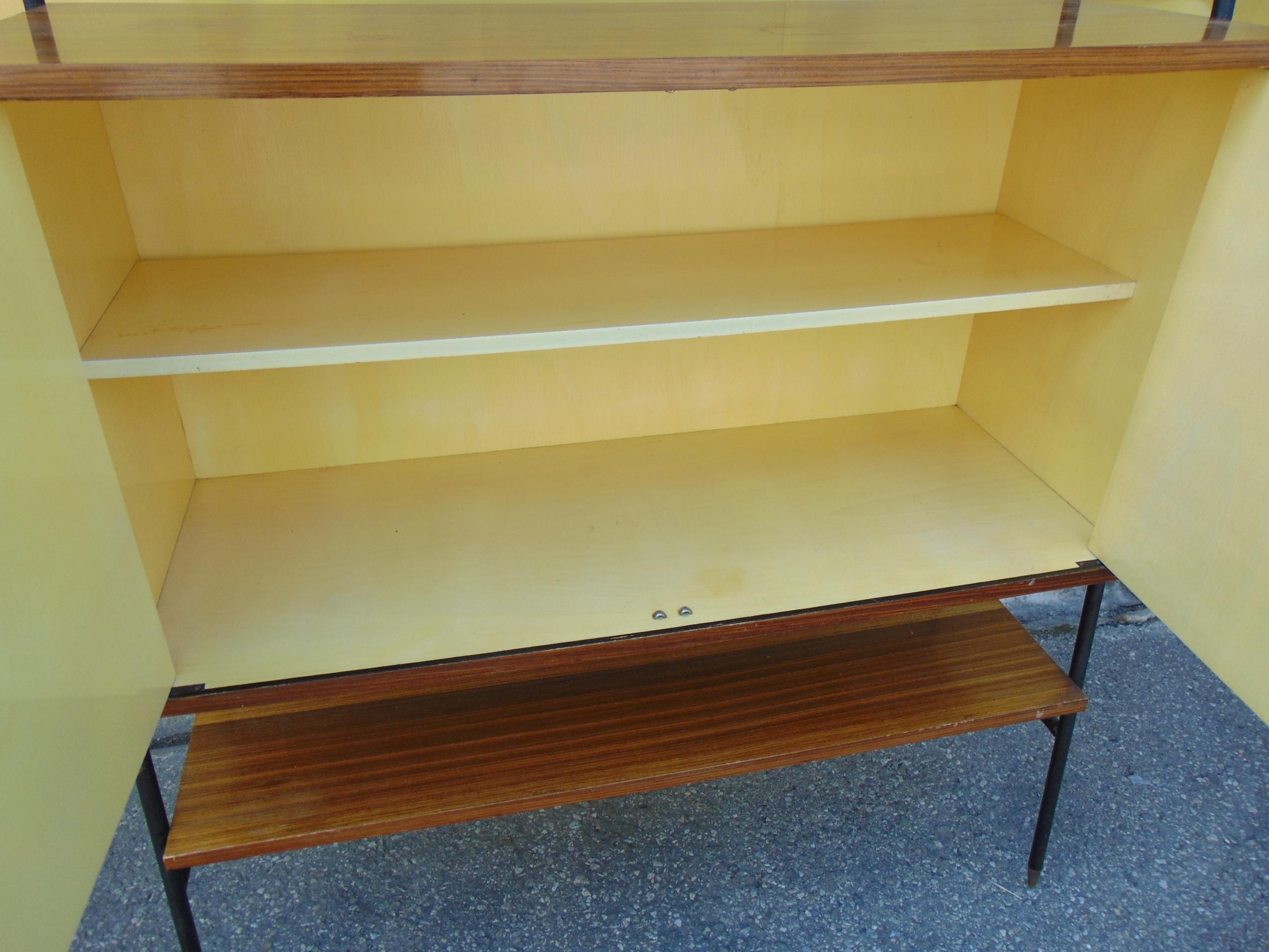 Mid-Century Modern Midcentury Wooden and Black Metal Italian Wall Unit, 1950s For Sale