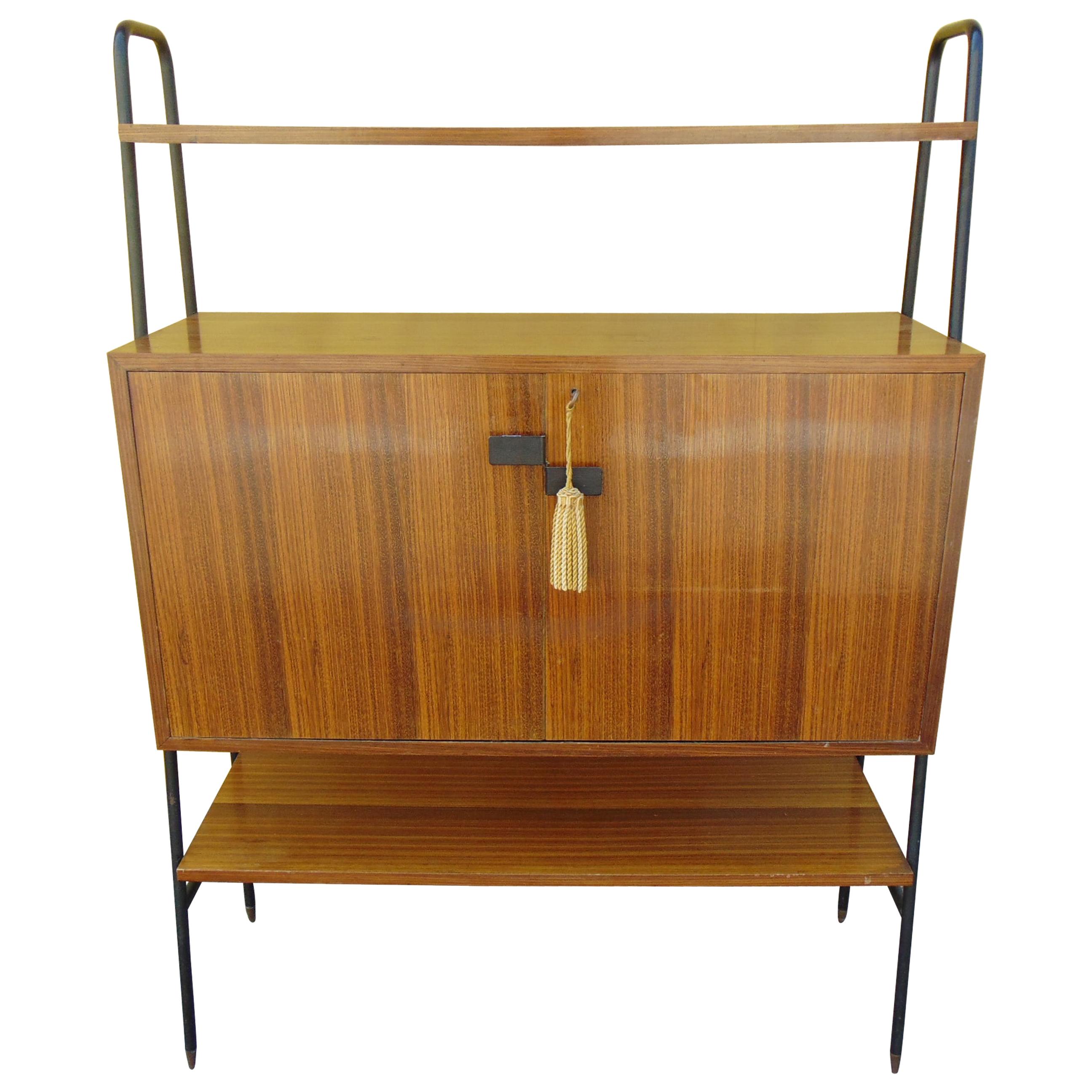 Midcentury Wooden and Black Metal Italian Wall Unit, 1950s For Sale