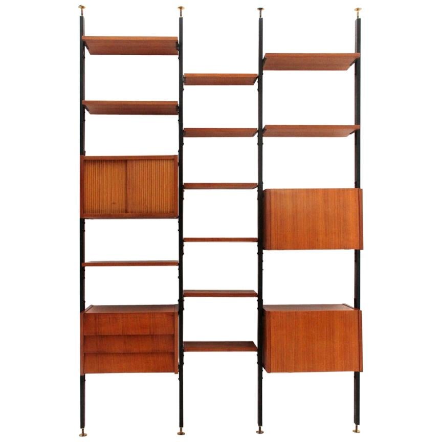  Midcentury Wooden and Black Metal Italian Wall Unit, 1960s
