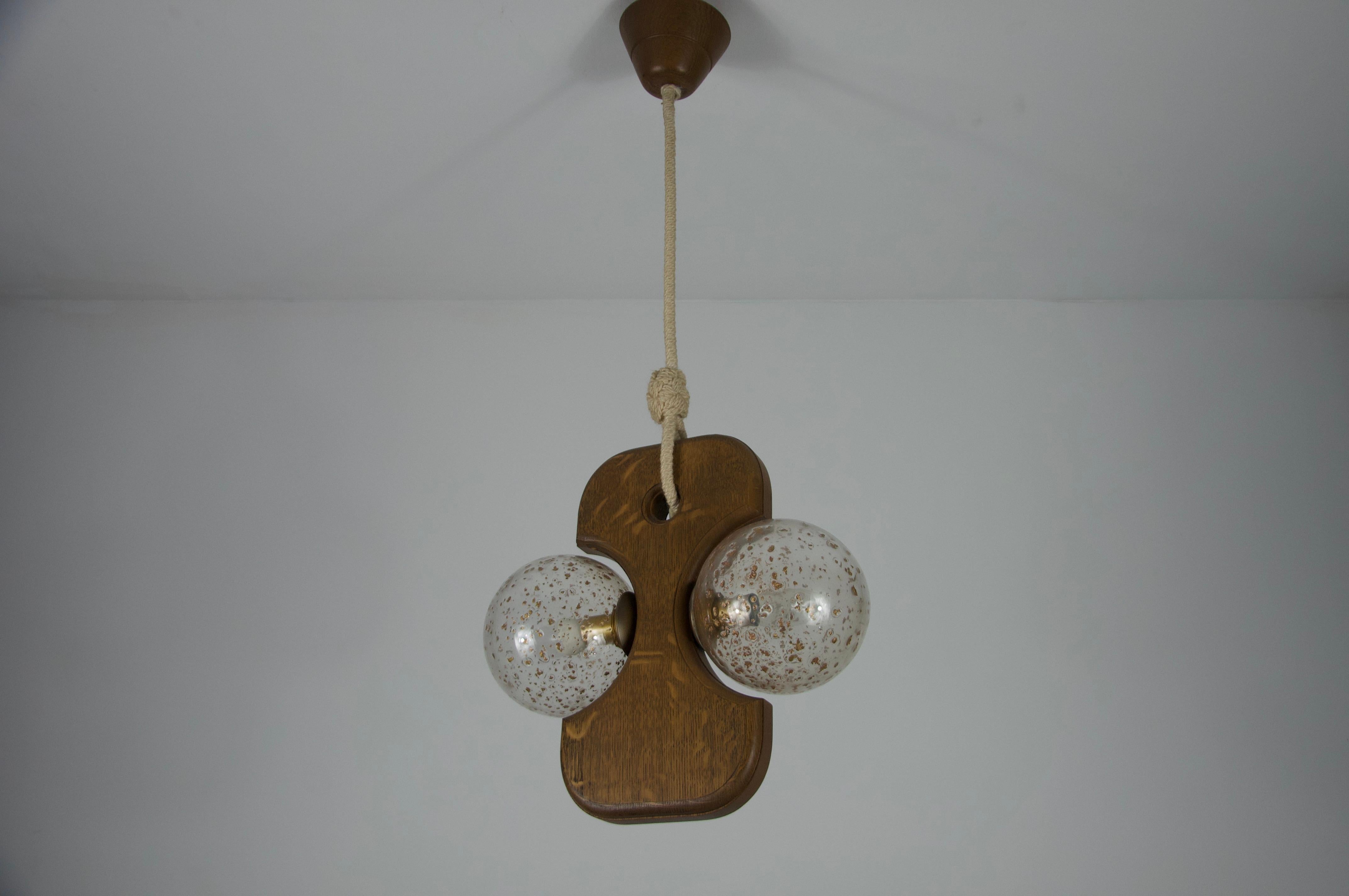 Mid-Century Modern Midcentury Wooden and Glass Hanging Lamp by Temde, circa 1960 For Sale