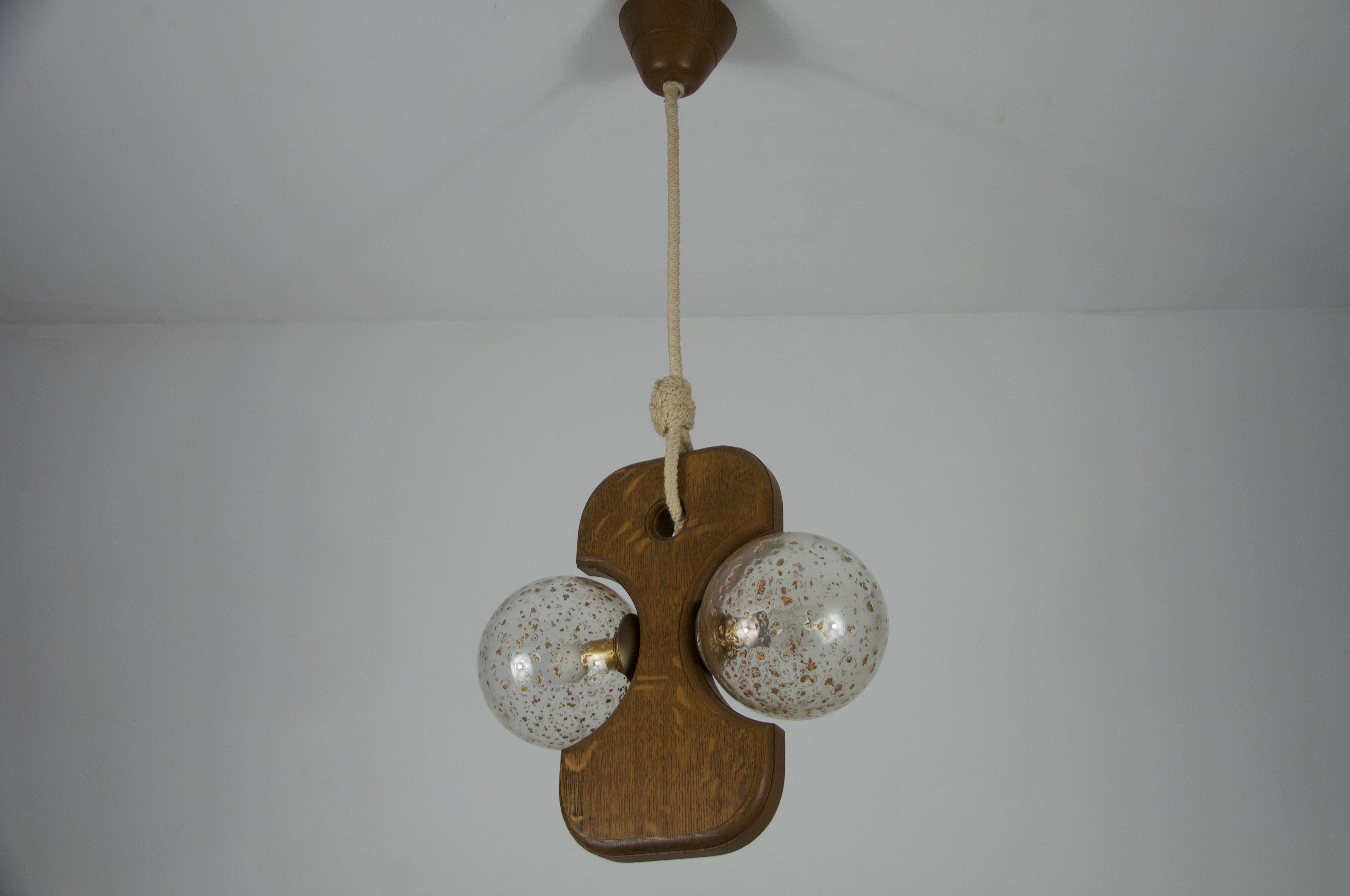 Swiss Midcentury Wooden and Glass Hanging Lamp by Temde, circa 1960 For Sale