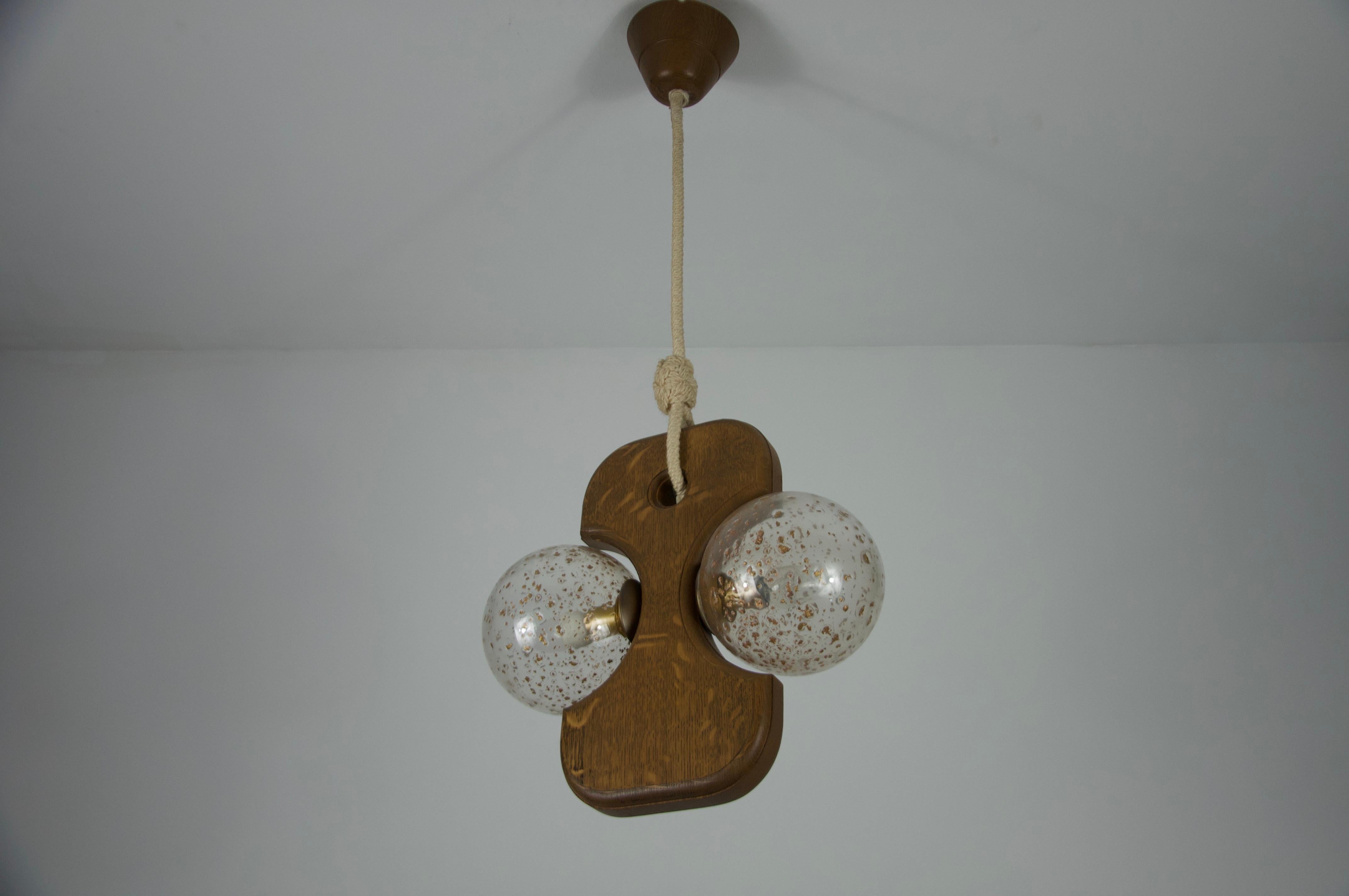 Midcentury Wooden and Glass Hanging Lamp by Temde, circa 1960 In Good Condition For Sale In Hagenbach, DE