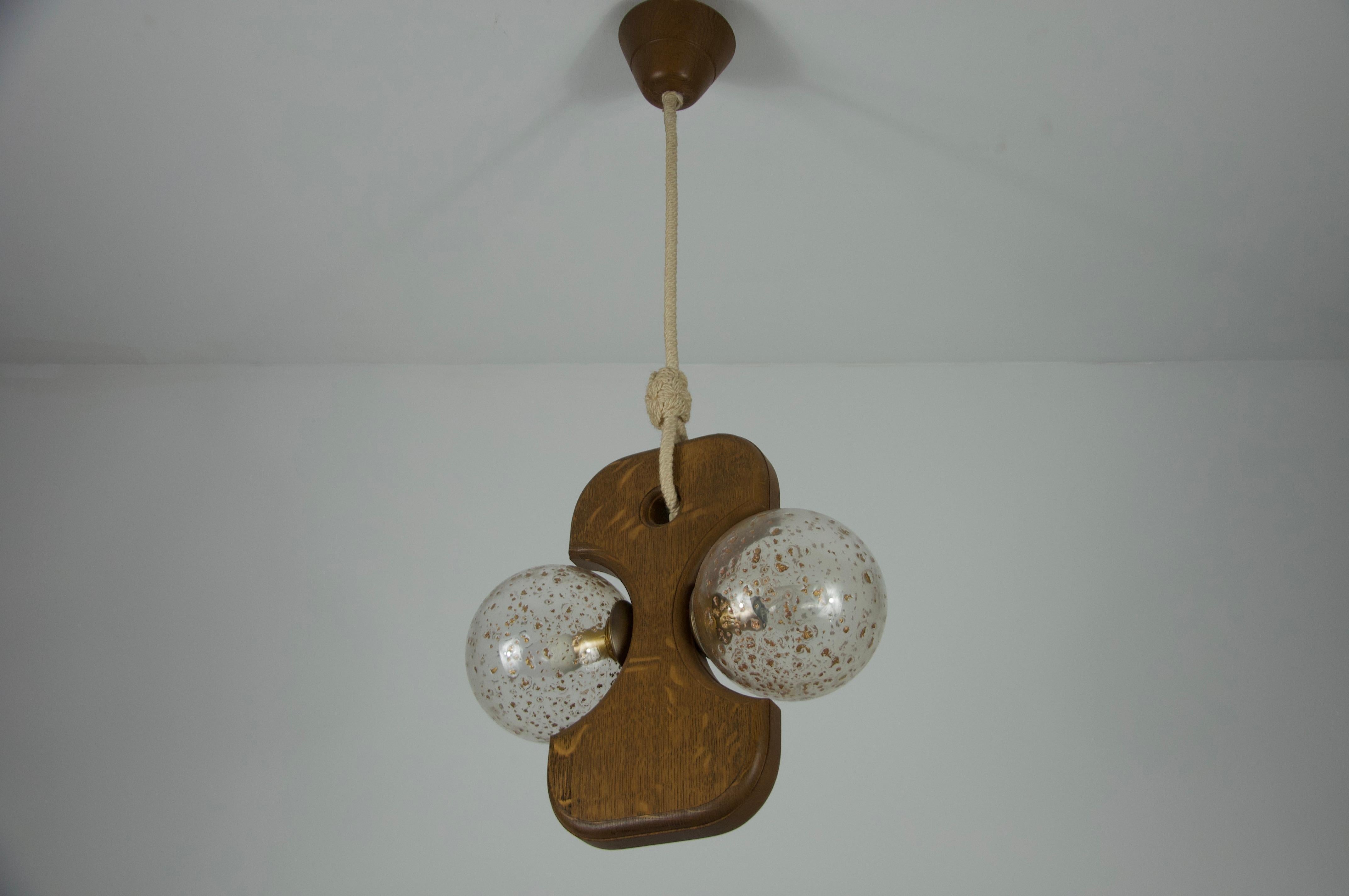 Mid-20th Century Midcentury Wooden and Glass Hanging Lamp by Temde, circa 1960 For Sale