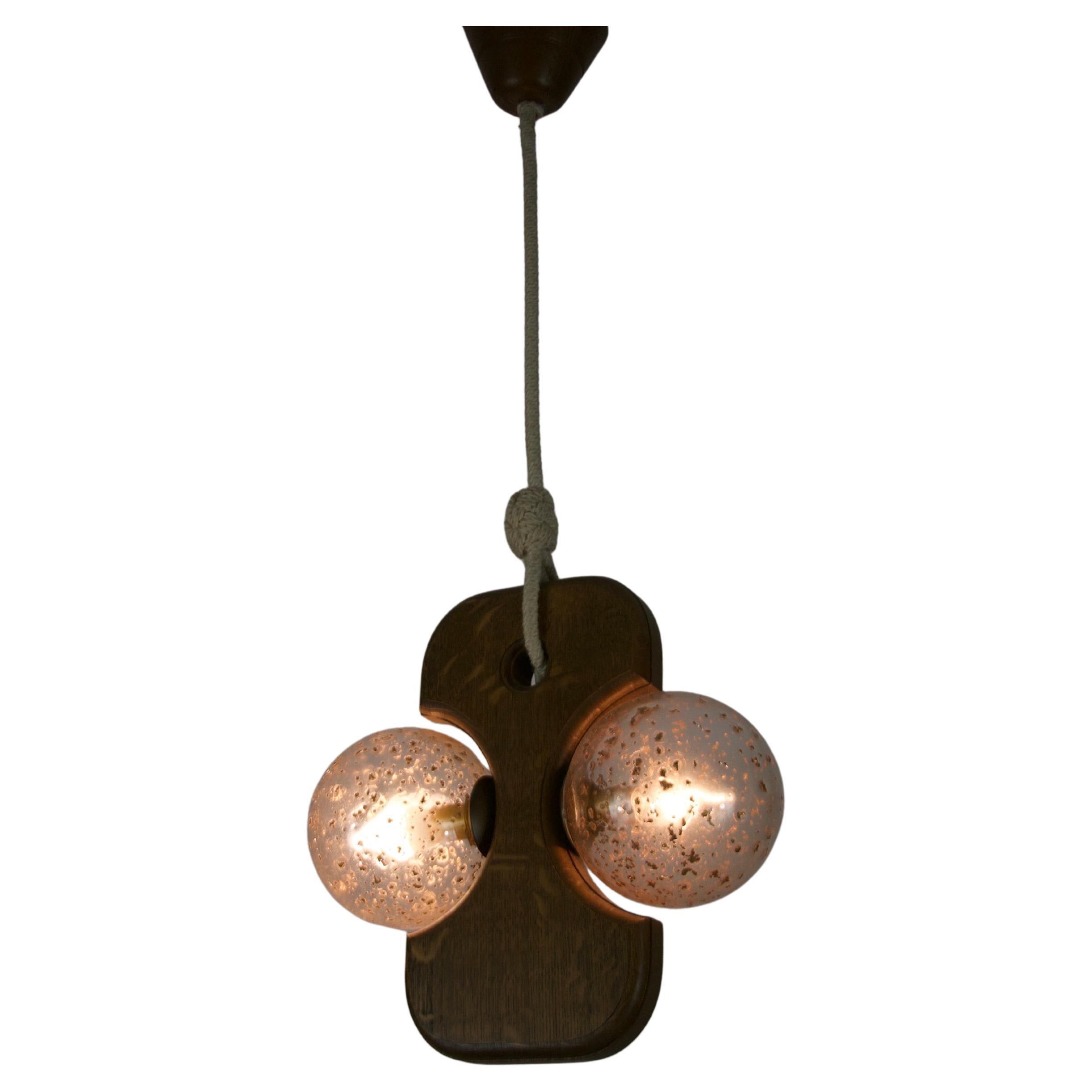 Midcentury Wooden and Glass Hanging Lamp by Temde, circa 1960 For Sale