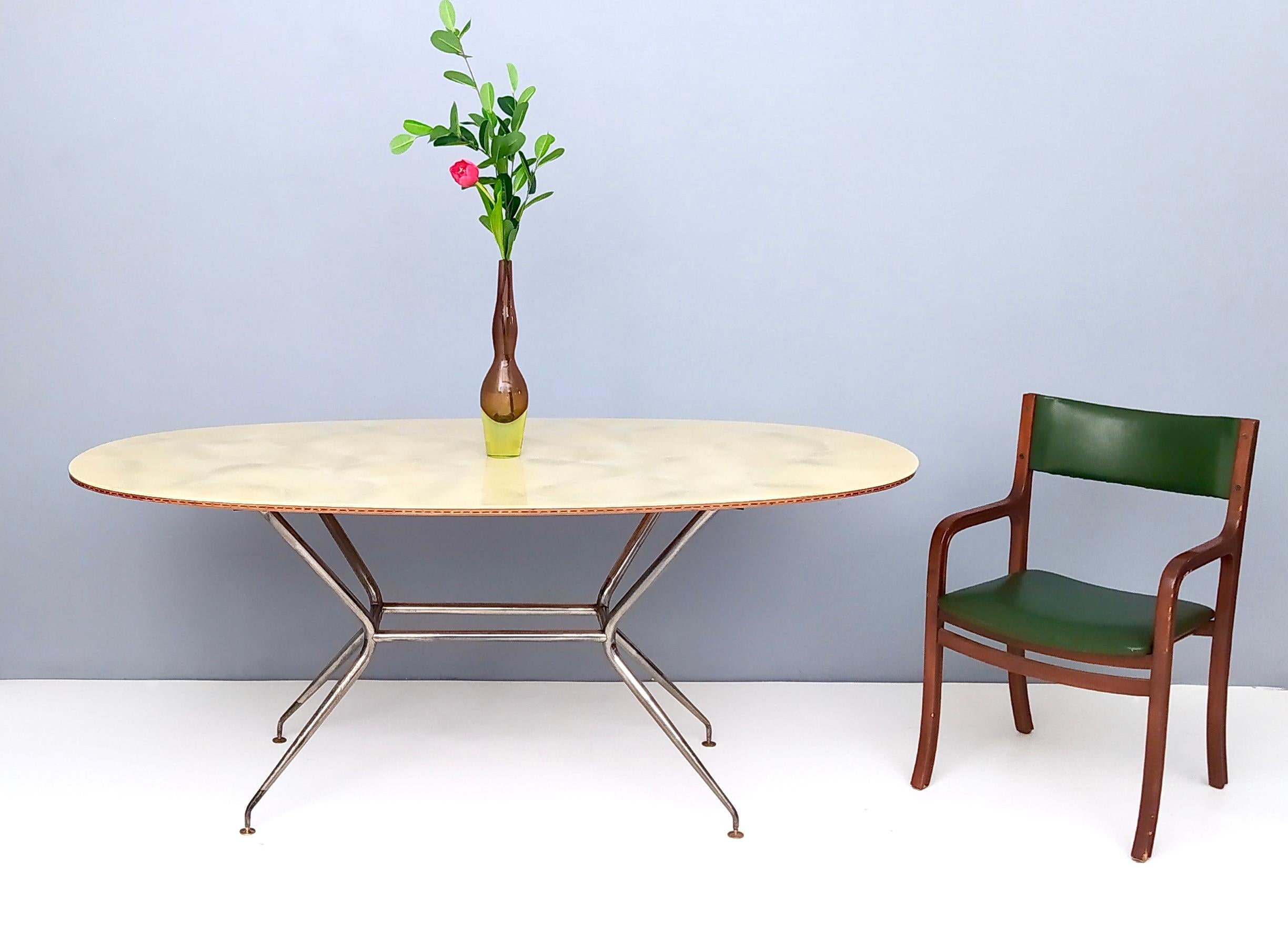 Mid-Century Modern Vintage Wooden and Iron Dining Table with an Oval Glass Top, Italy