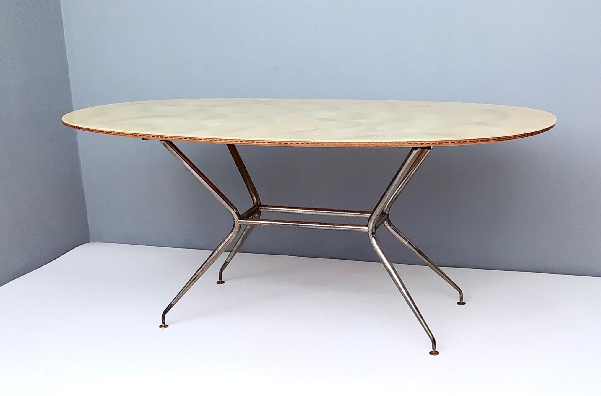 Plated Vintage Wooden and Iron Dining Table with an Oval Glass Top, Italy
