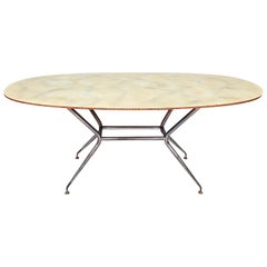 Vintage Wooden and Iron Dining Table with an Oval Glass Top, Italy