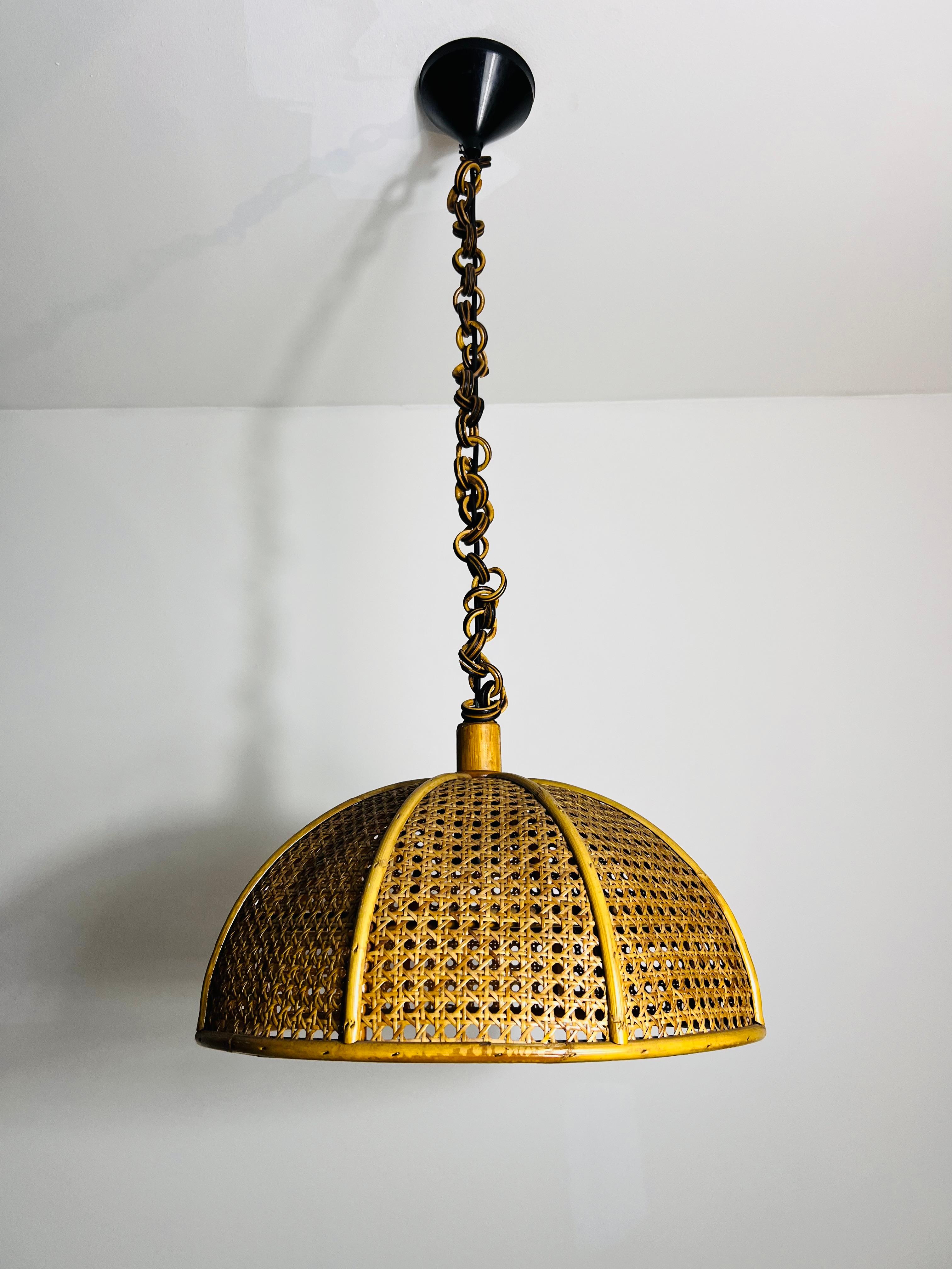 Italian Midcentury Wooden Bamboo Pendant Lamp, Italy, 1960s For Sale