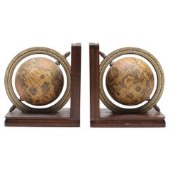 Midcentury Wooden Bookends World Globe